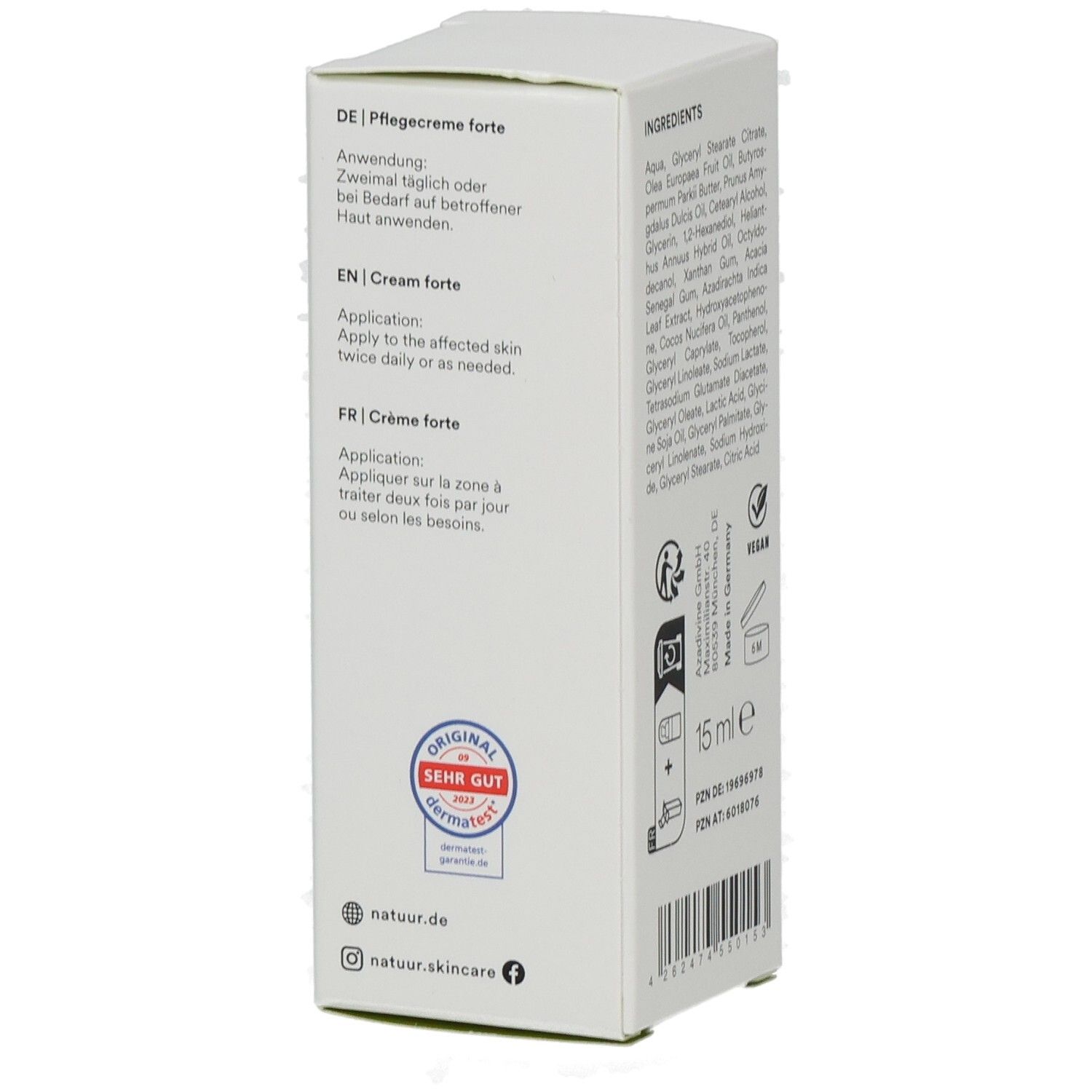 Weißer Karton mit Produktinformationen. Aufschrift: Cream forte. Mit Qualitätszeichen. Enthält 15 ml.