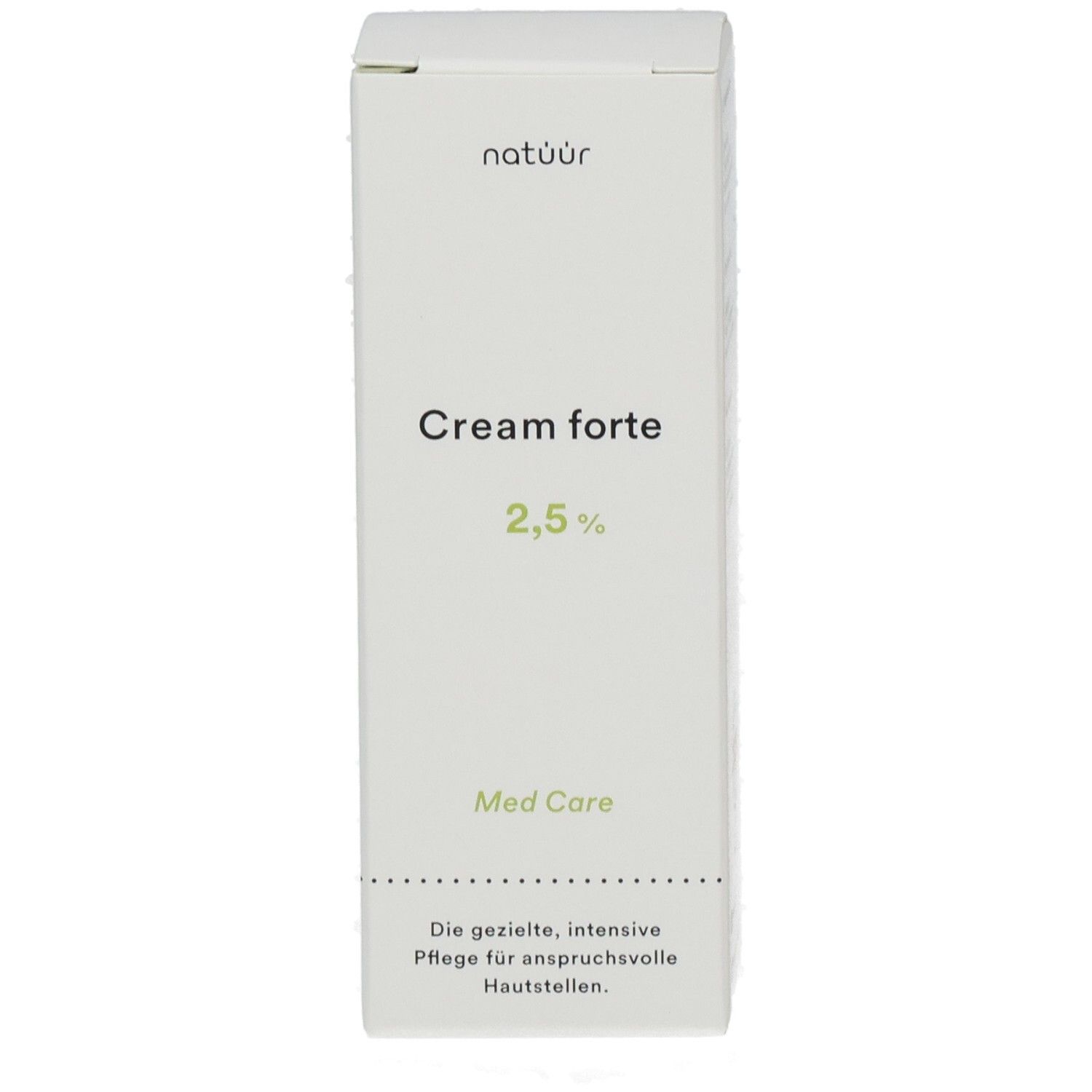 Weißer Karton mit Produktinformationen. Aufschrift: Cream forte 2,5%. Logo: Natuur. Mit Med Care Logo.