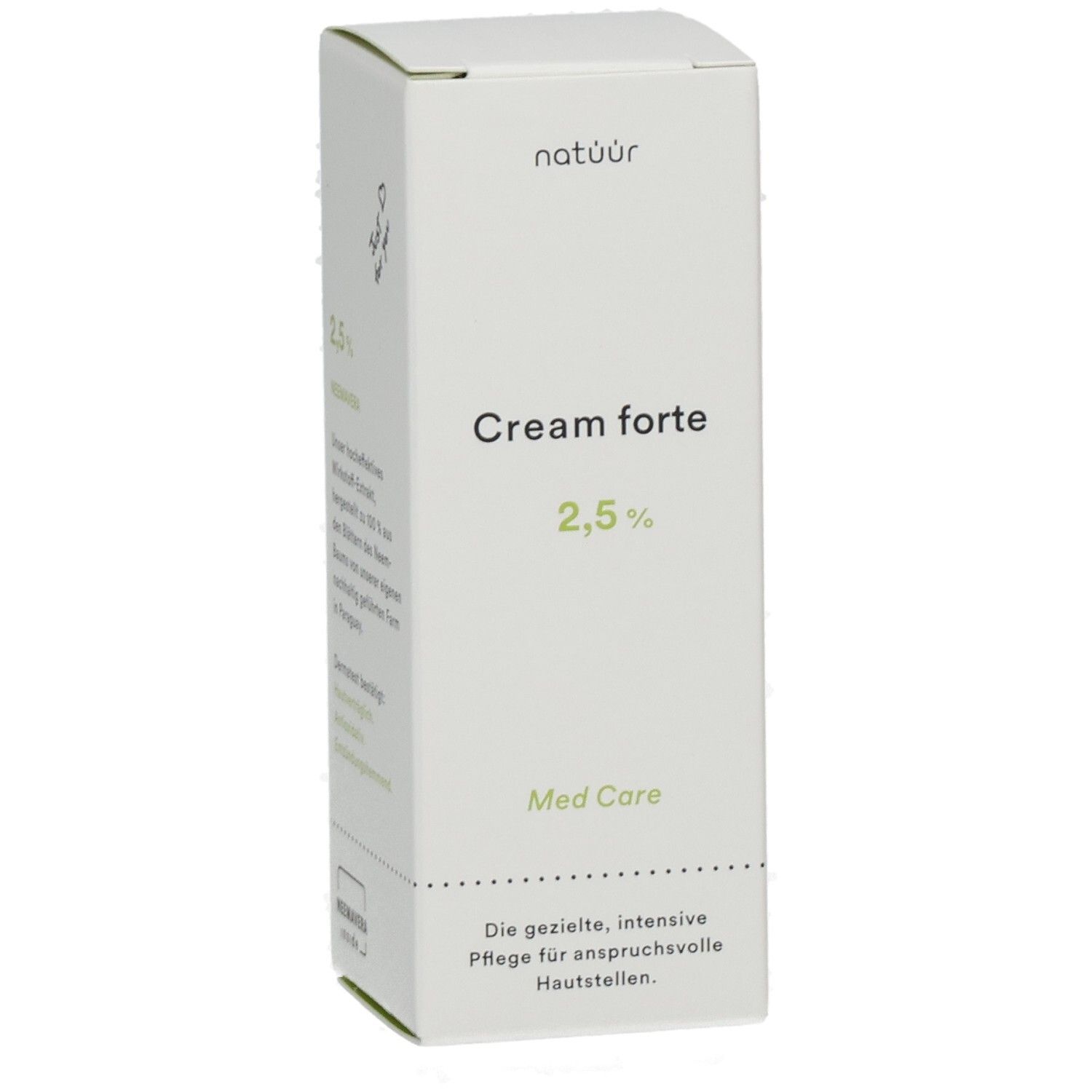 Weißer Karton mit Produktinformationen. Aufschrift: Cream forte 2,5%. Logo: Natuur. Mit Med Care Logo.