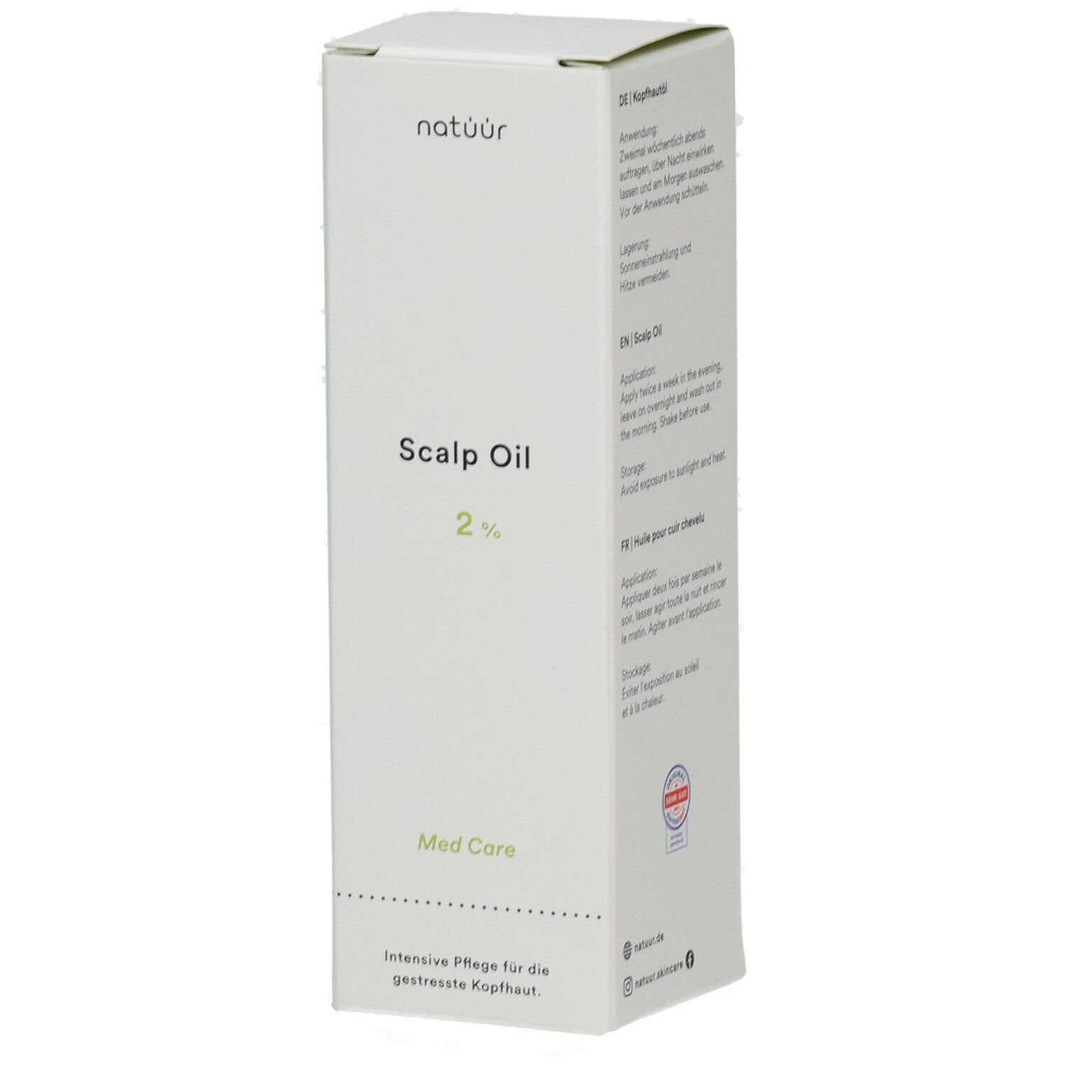 Weiße Verpackung mit Produktbezeichnung "Scalp Oil 2%". Marke: natüür. Text: "Med Care".