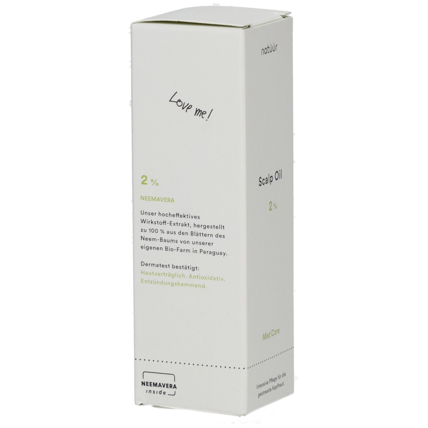 Weiße Verpackung mit "Scalp Oil 2%". Marke: natüür. Text: "Love me!". Enthält Neem-Extrakt.