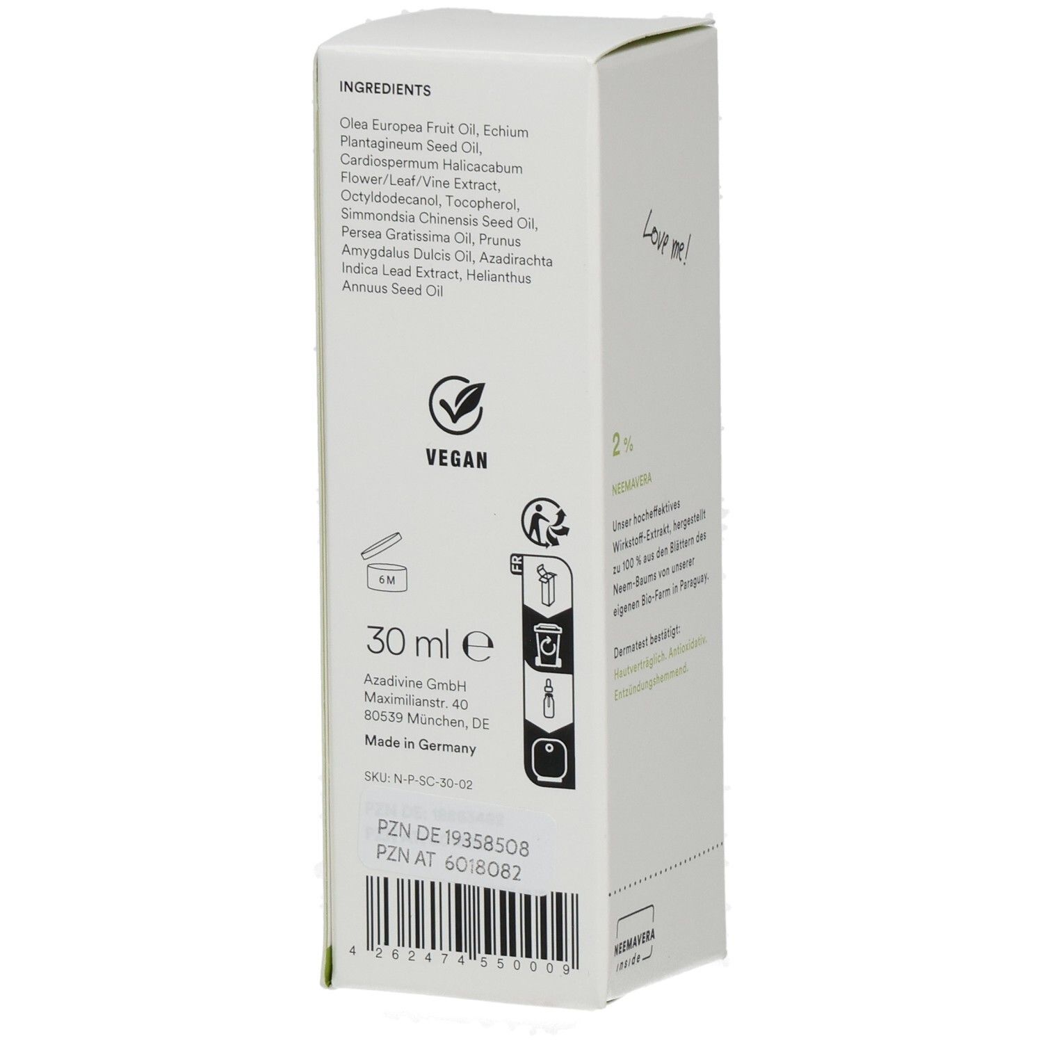 Weiße Verpackung mit Inhaltsstoffen, Vegan-Logo, 30 ml, und PZN-Code. Hergestellt in Deutschland.