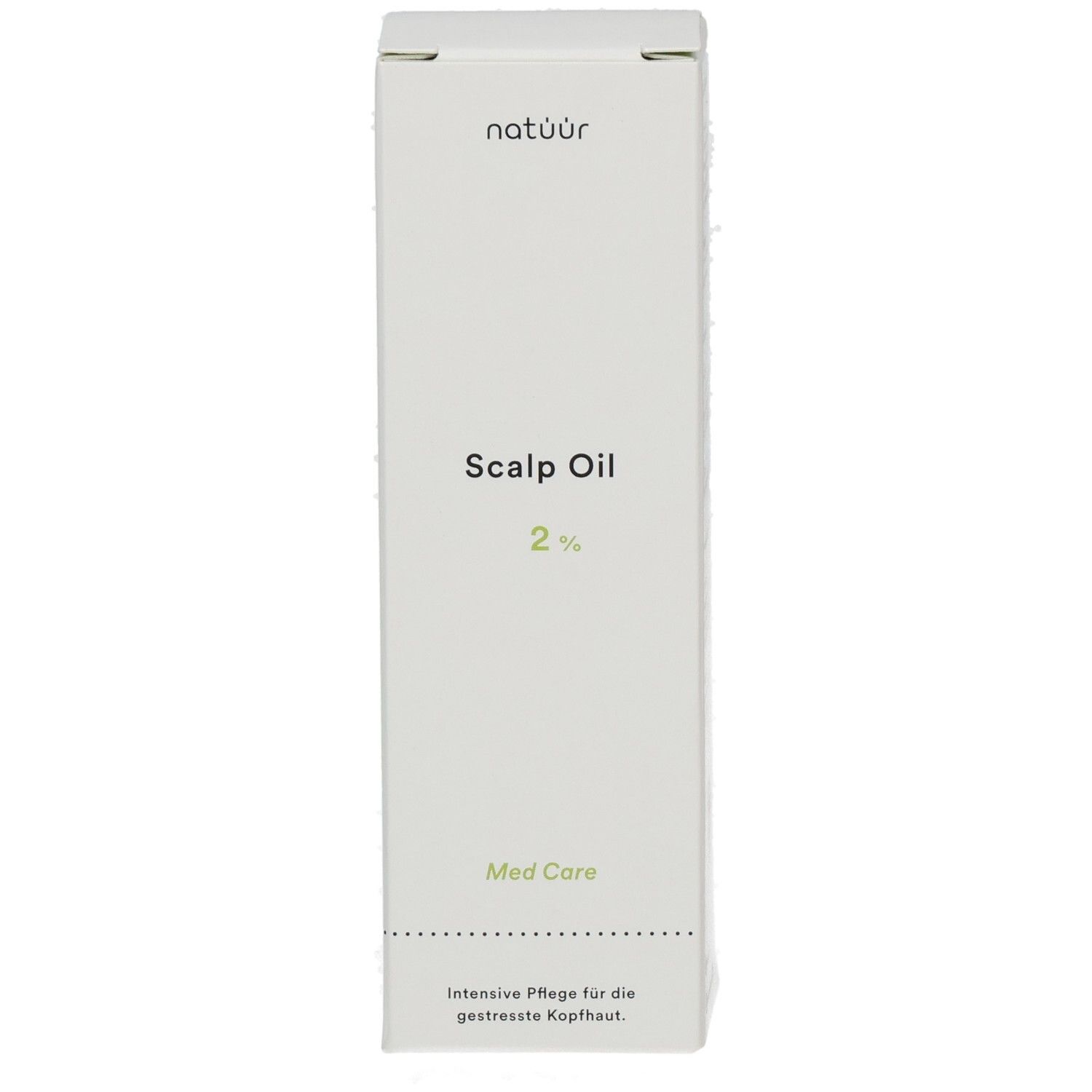 Weiße Verpackung mit Produktbezeichnung "Scalp Oil 2%". Marke: natüür. Text: "Med Care".
