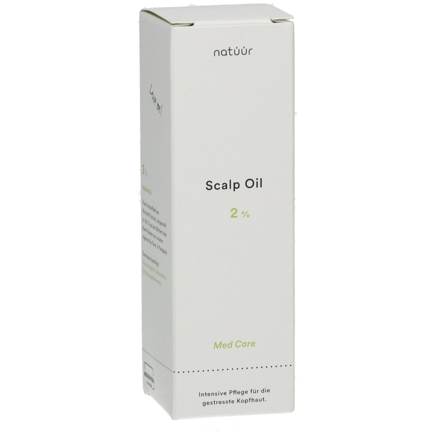 Weiße Verpackung mit Produktbezeichnung "Scalp Oil 2%". Marke: natüür. Text: "Med Care".