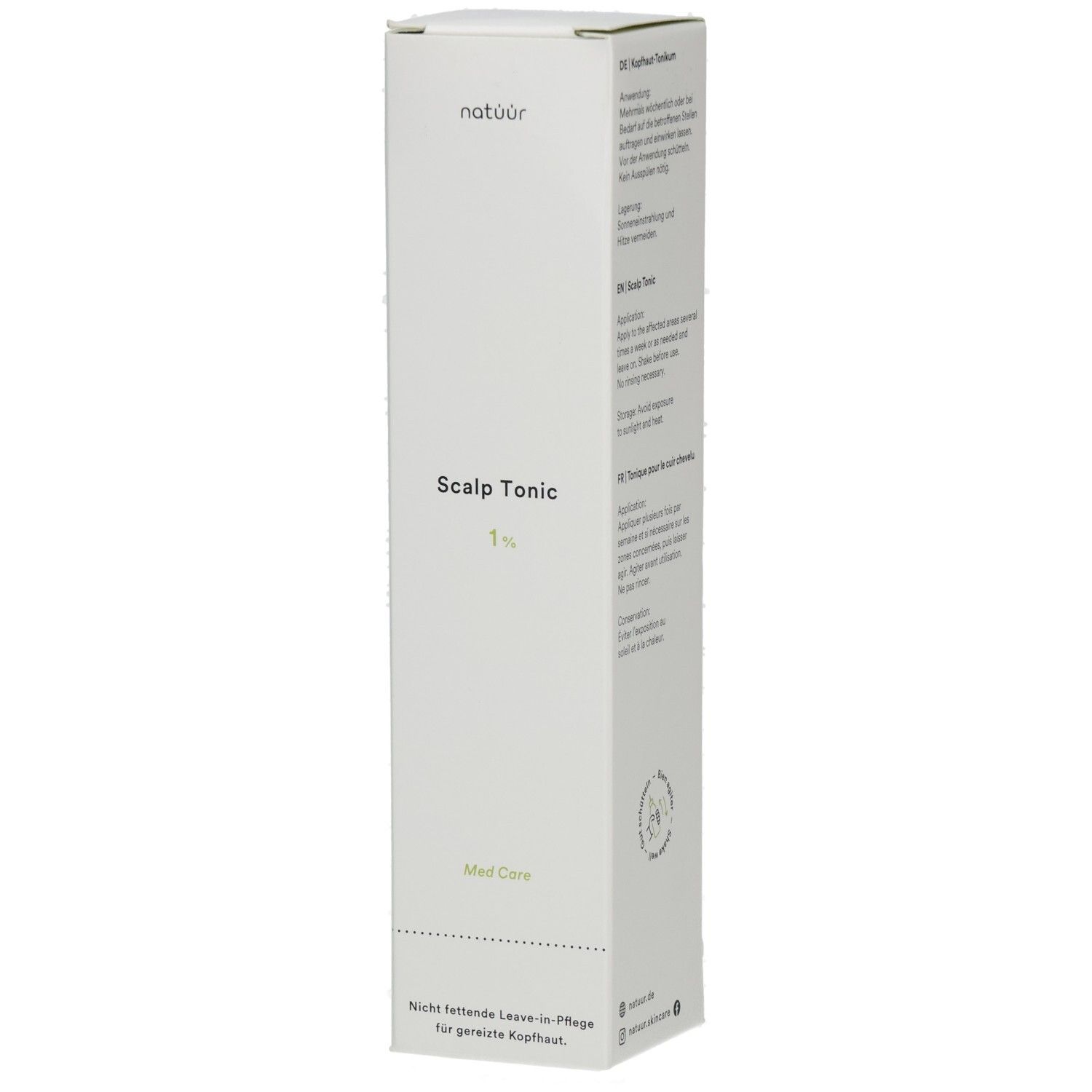 Weiße Verpackung mit Produktbezeichnung "Scalp Tonic 1%". Marke: natuur. Aufschrift: Med Care.