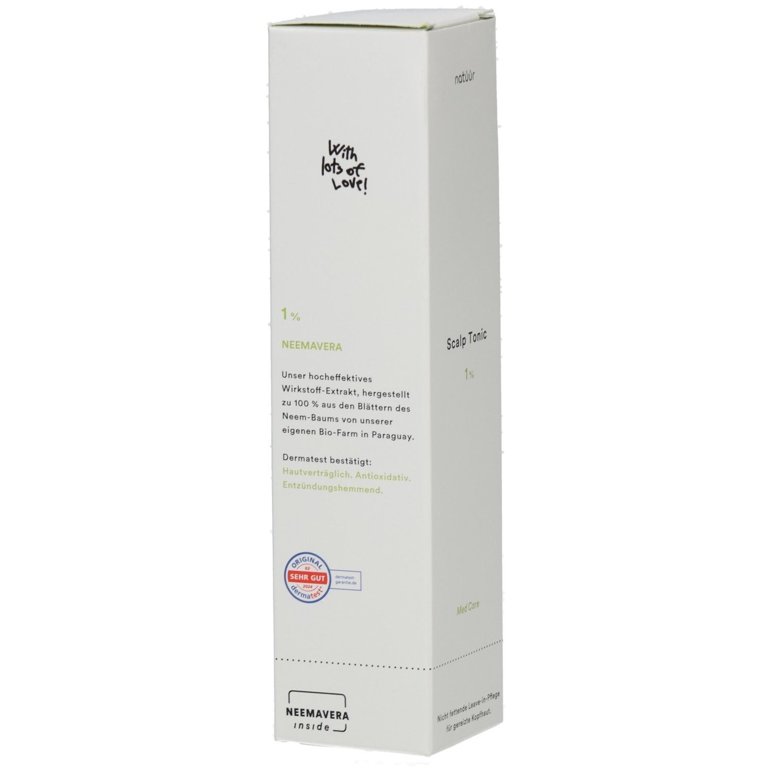 Weiße Verpackung mit Produktbeschreibung. Marke: natuur. Aufschrift: NeemAvera inside. Mit "With lots of love!" versehen.