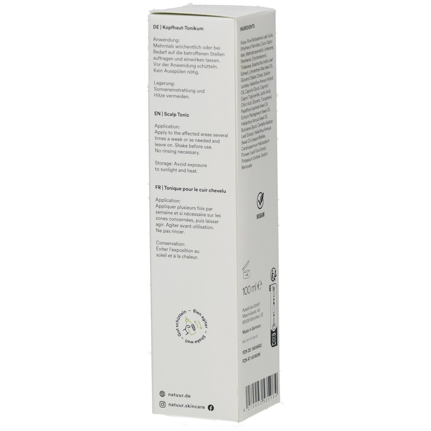 Weiße Verpackung mit Anwendungsanweisungen in Deutsch und Englisch. Vegan-Siegel. Marke: natuur.