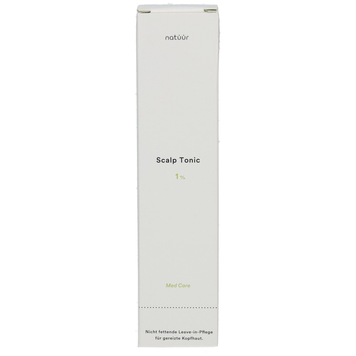 Weiße Verpackung mit Produktbezeichnung "Scalp Tonic 1%". Marke: natuur. Aufschrift: Med Care.