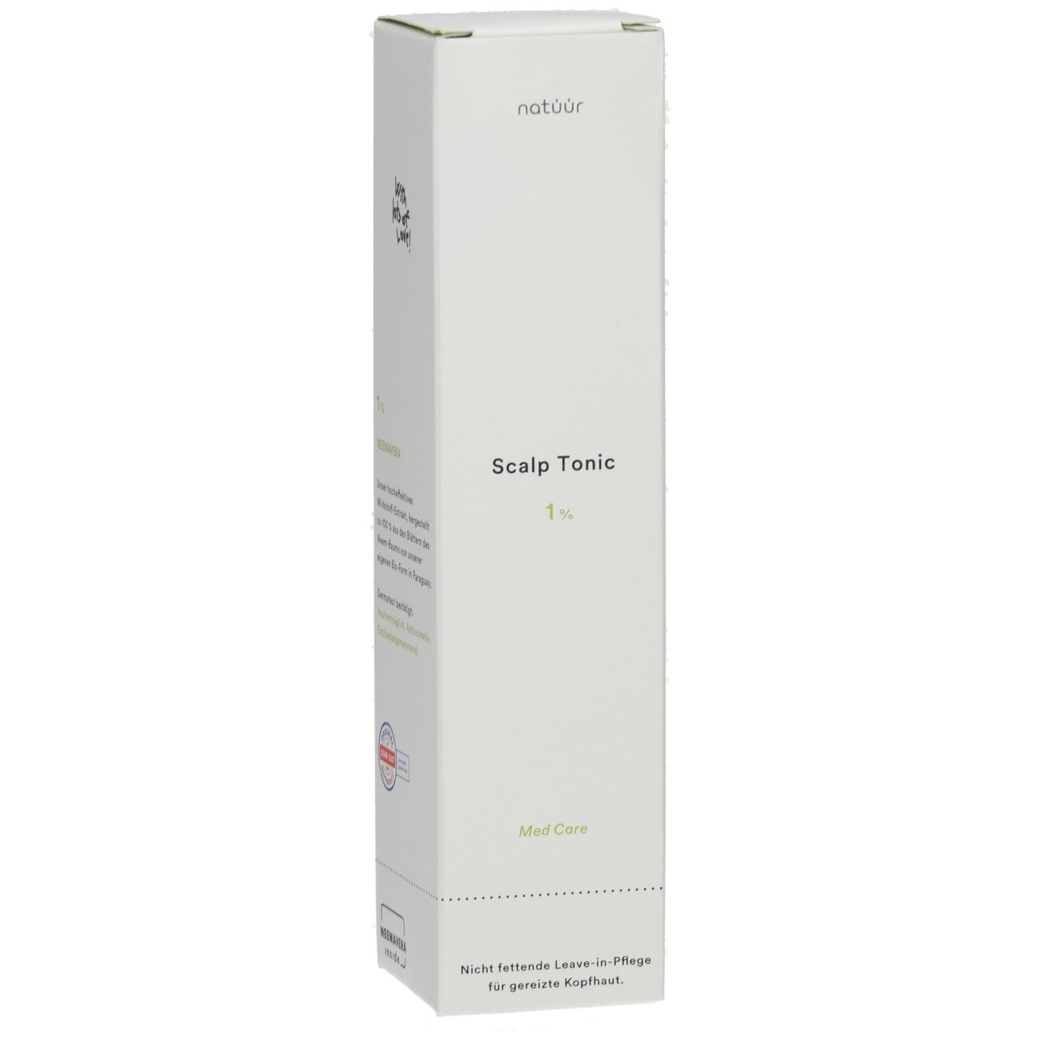 Weiße Verpackung mit Produktbezeichnung "Scalp Tonic 1%". Marke: natuur. Aufschrift: Med Care.