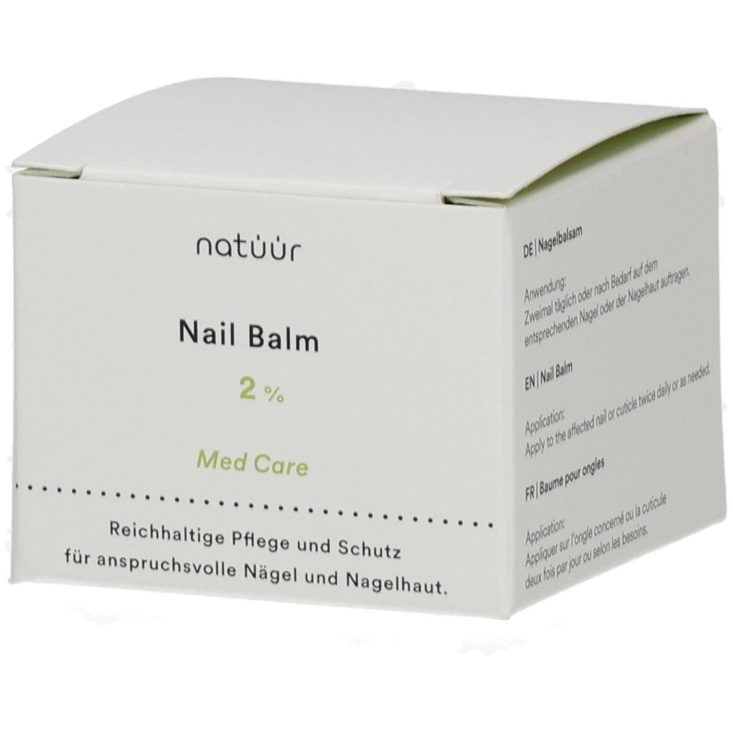 Weiße Verpackung mit Produktnamen Nail Balm, 2% und Med Care. Text in Deutsch und Englisch.