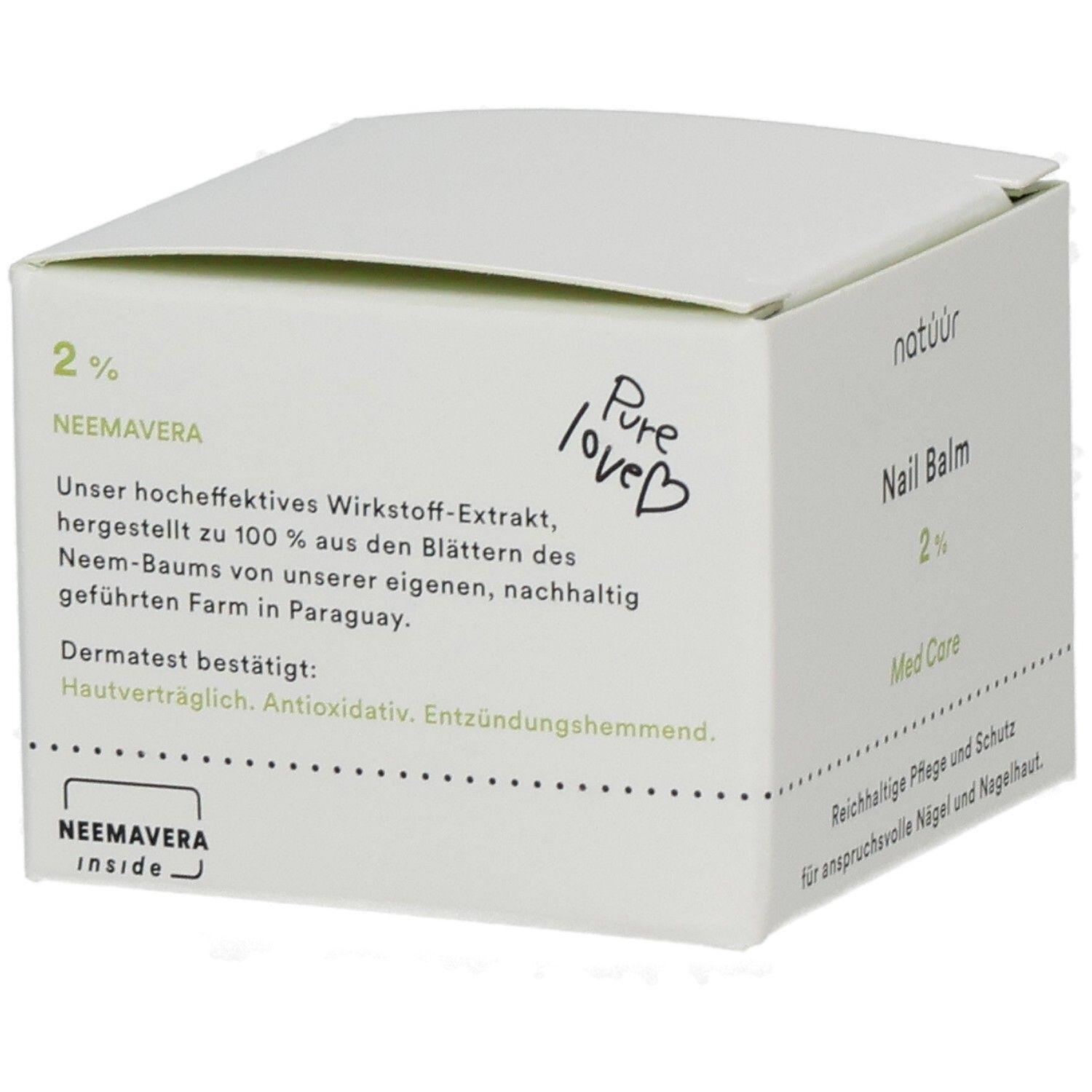 Weiße Verpackung mit Nail Balm, 2%, Med Care und Neemavera. Text in Deutsch. Aufschrift: Pure Love.