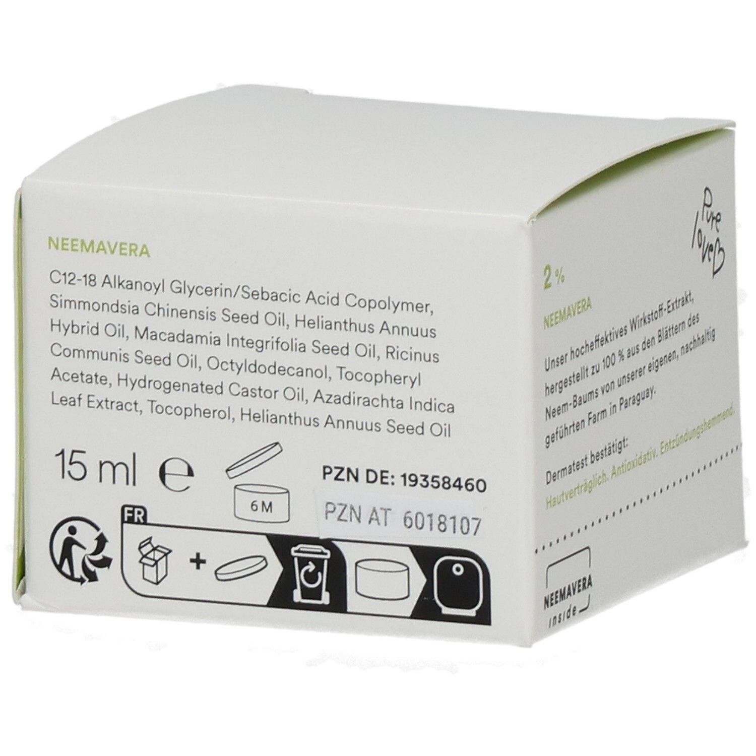Weiße Verpackung mit Inhaltsstoffen, 15 ml, PZN-Nummer und PZN AT. Recycling-Symbole.