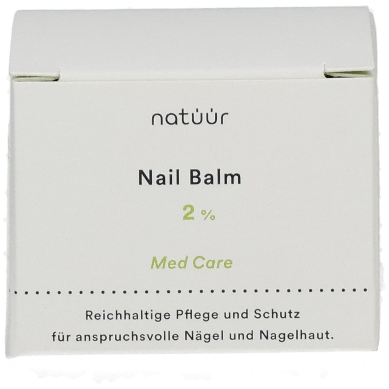 Weiße Verpackung mit Produktnamen Nail Balm, 2% und Med Care. Text: Reichhaltige Pflege.