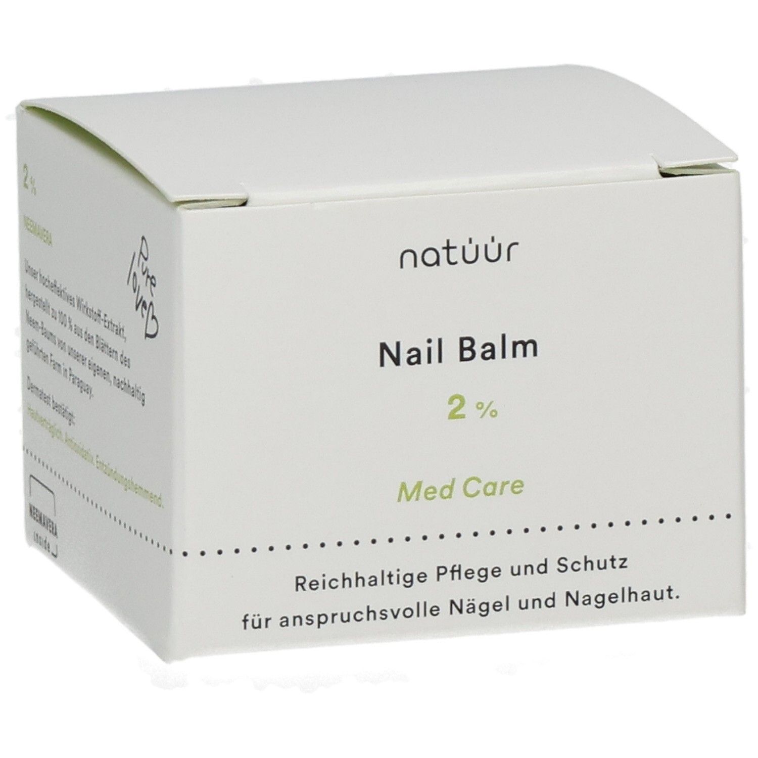 Weiße Verpackung mit Nail Balm, 2%, Med Care und Neemavera. Text: Reichhaltige Pflege.