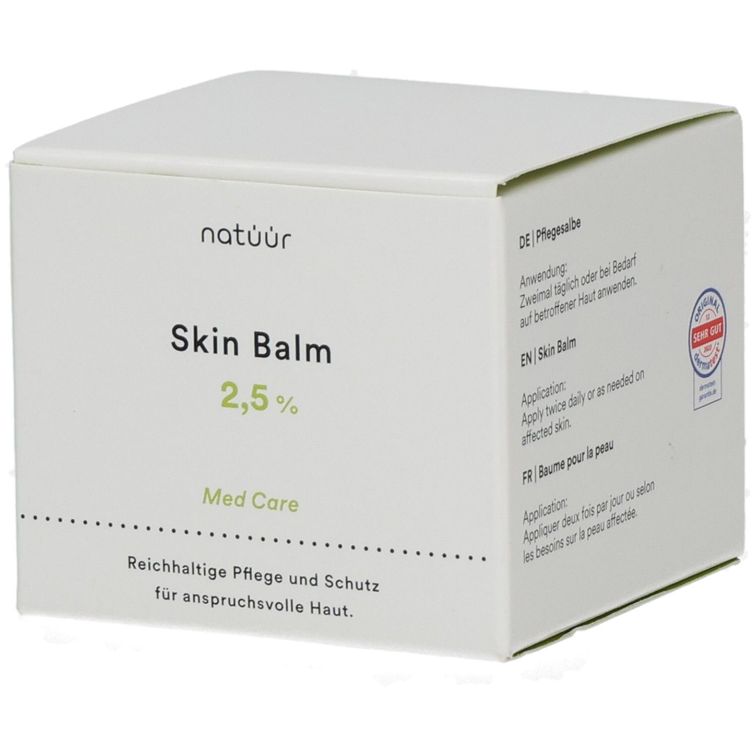 Weiße Verpackung mit Produktbezeichnung Skin Balm 2,5%. Logo Natuur. Text: Reichhaltige Pflege und Schutz.