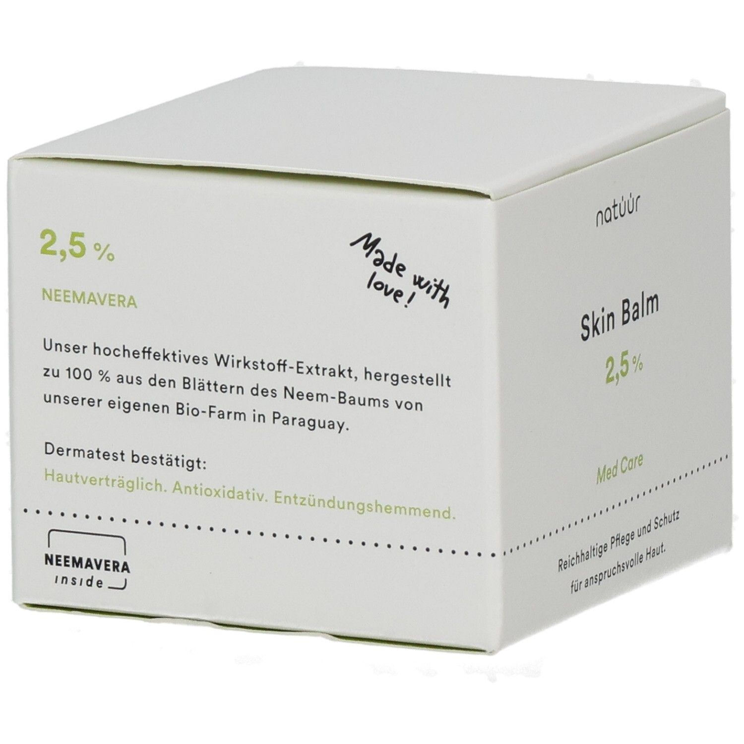 Weiße Verpackung mit Skin Balm 2,5%. Text: NeemAvera inside. Text: Made with love! Text: Hautverträglich.