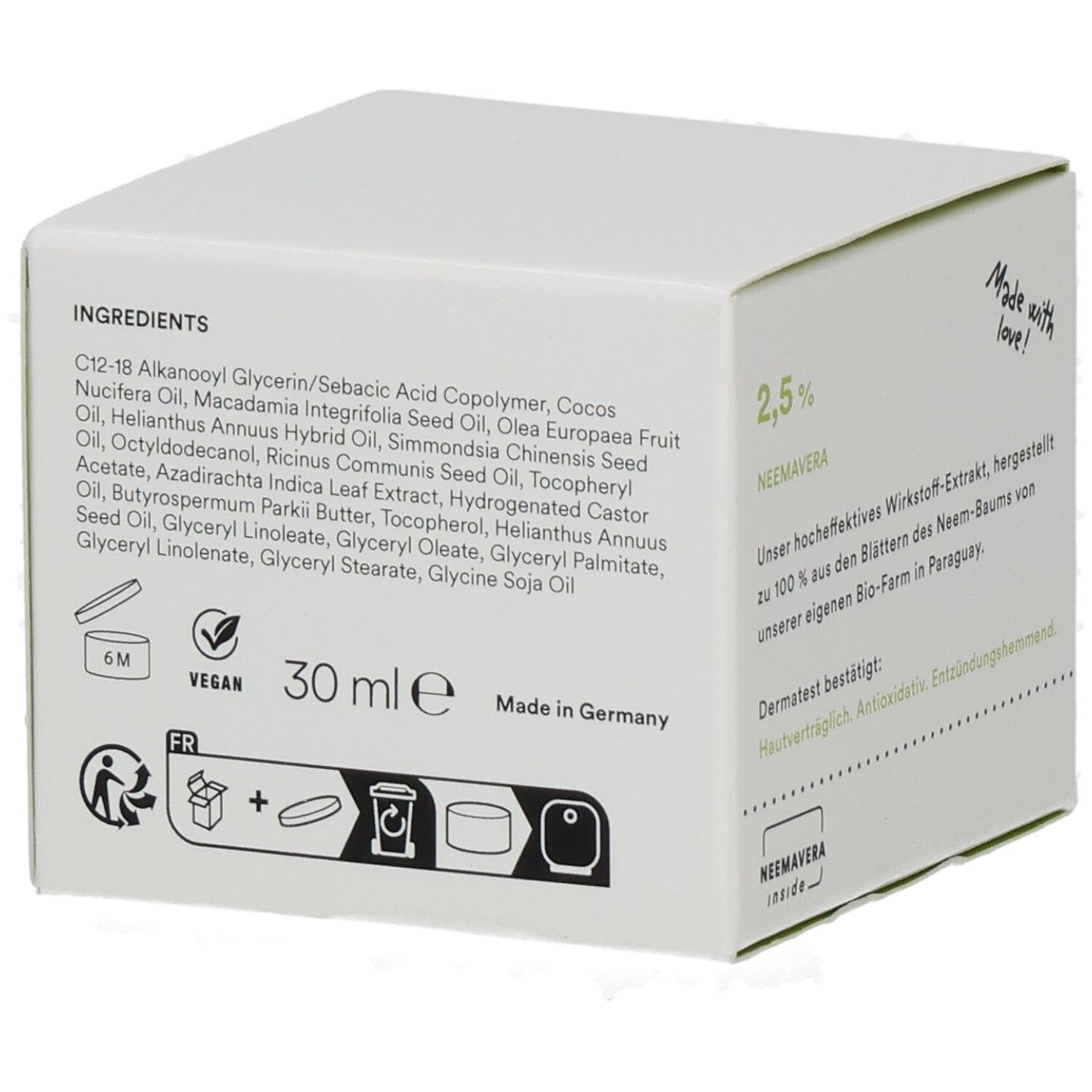 Weiße Verpackung mit Inhaltsstoffen und 30 ml. Text: Made in Germany. Symbole: Vegan, 6M, Recycling.