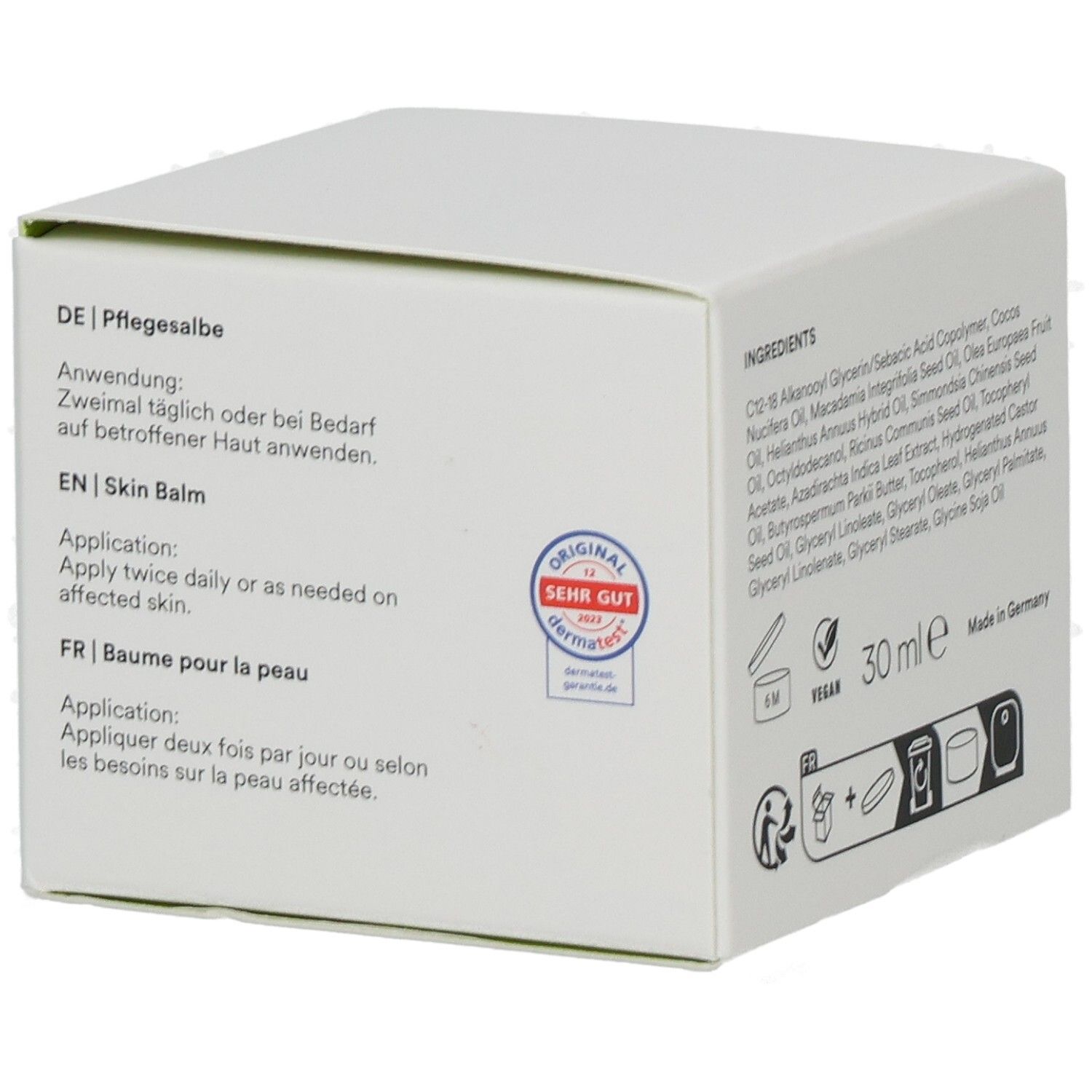 Weiße Verpackung mit Skin Balm 2,5%. Text: Anwendung. Text: Original Sehr Gut. Text: Made in Germany.