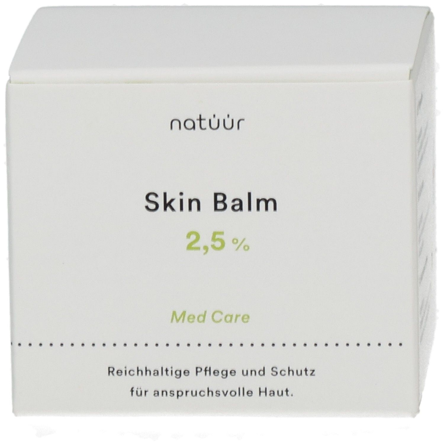 Weiße Verpackung mit Skin Balm 2,5%. Logo Natuur. Text: Med Care. Text: Reichhaltige Pflege und Schutz.