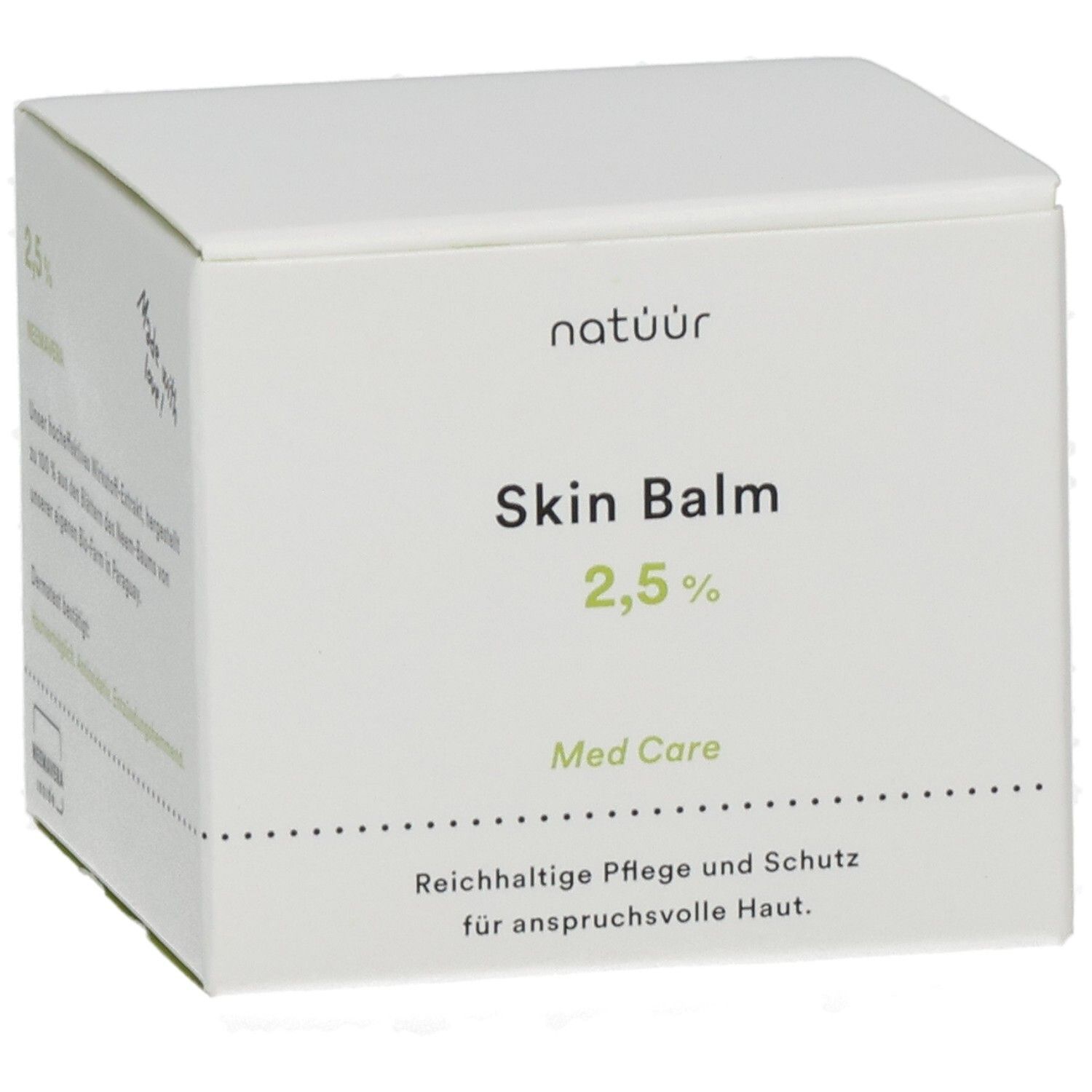 Weiße Verpackung mit Skin Balm 2,5%. Logo Natuur. Text: Med Care. Text: Reichhaltige Pflege und Schutz.