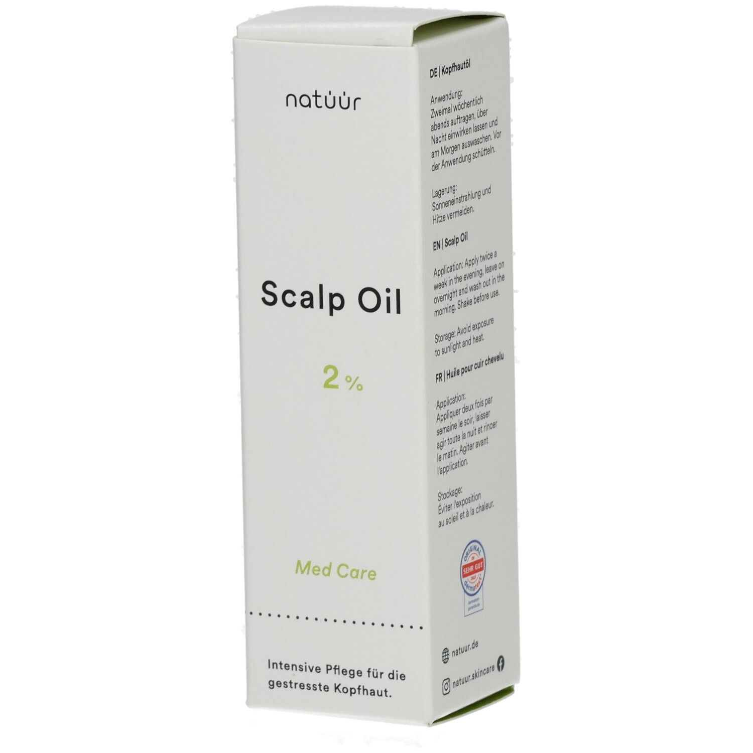 Weiße Schachtel mit "Scalp Oil 2%"-Aufdruck. Enthält Anwendungs- und Lagerungshinweise. Med Care-Logo.