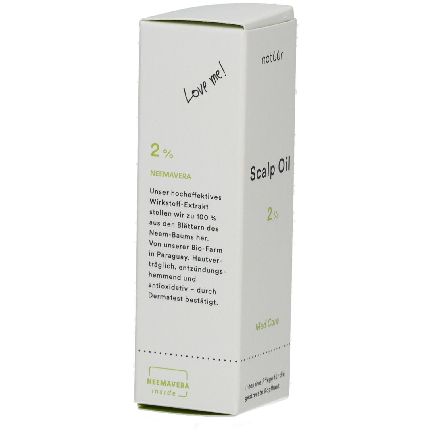 Weiße Schachtel mit "Scalp Oil 2%" und "Neemaveera"-Text. Enthält Produktinformationen und Dermatest-Logo.