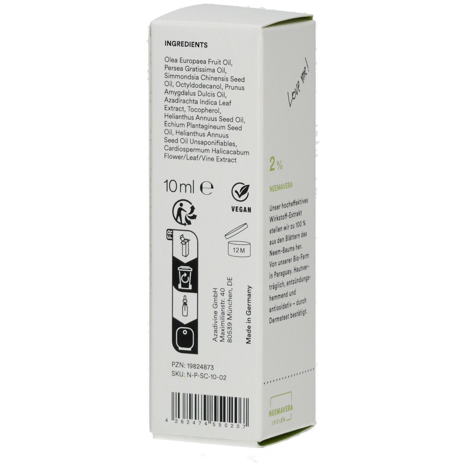 Rückseite der weißen Schachtel mit Inhaltsstoffen, 10ml, Vegan-Logo, und Herstellungsangaben. Enthält PZN und SKU.