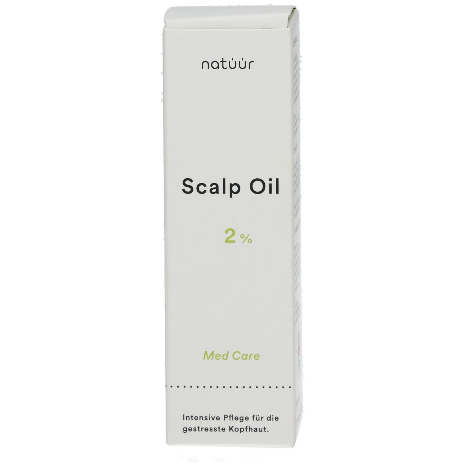 Weiße Schachtel mit "Scalp Oil 2%"-Aufdruck und Med Care-Logo. Enthält Text zur intensiven Pflege.