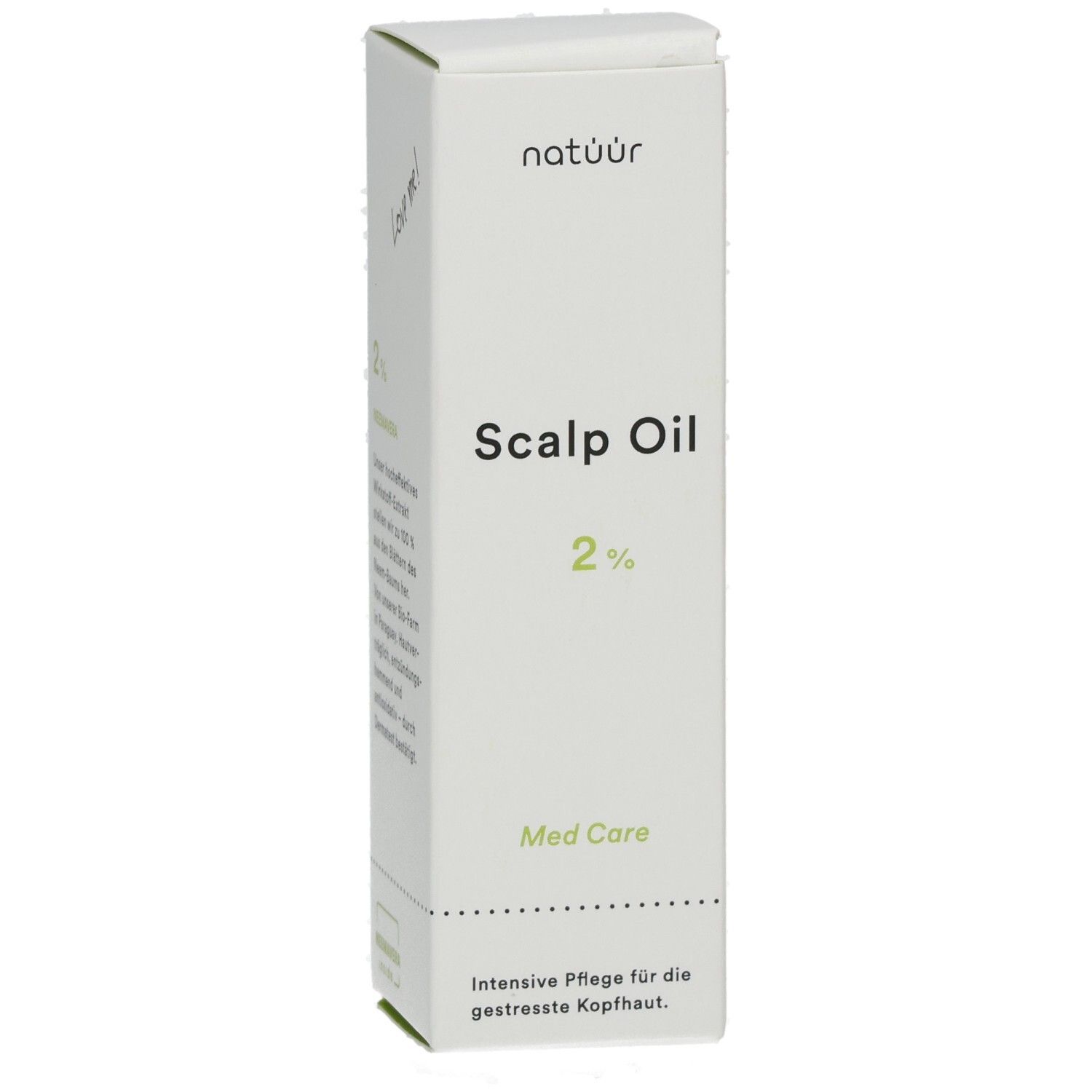 Weiße Schachtel mit "Scalp Oil 2%"-Aufdruck und Med Care-Logo. Enthält Text zur intensiven Pflege.