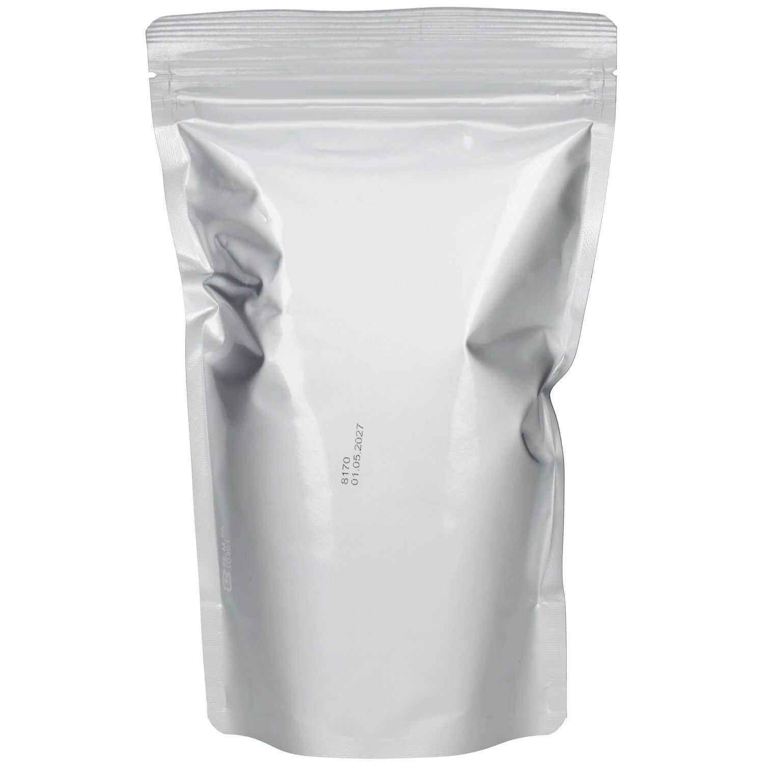 Silberfarbener Beutel mit Zip-Verschluss. Rückseite. Datumsstempel.