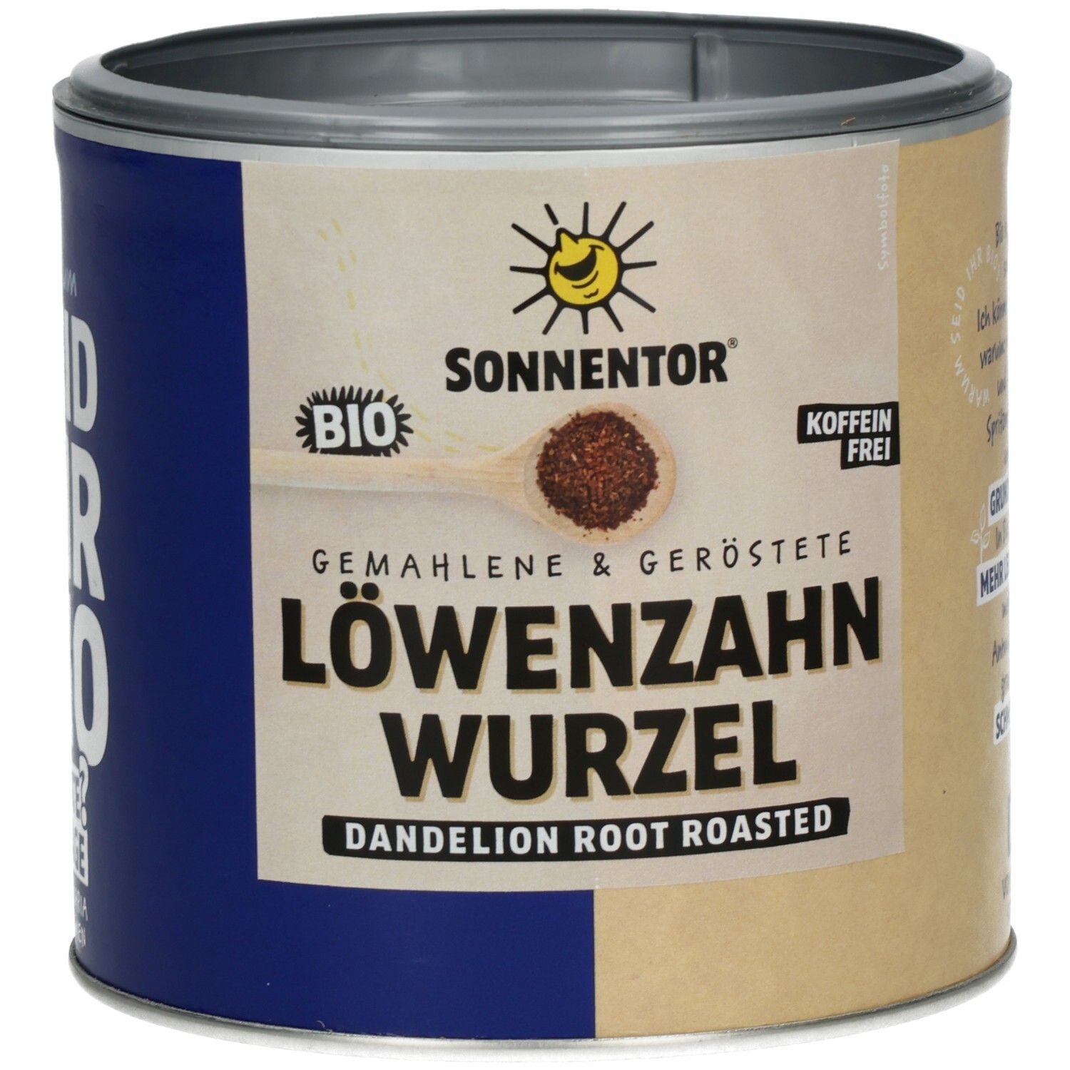 Dose SONNENTOR® Löwenzahnwurzel geröstet. Aufschrift: BIO, koffeinfrei, gemahlene & geröstete Löwenzahn Wurzel.