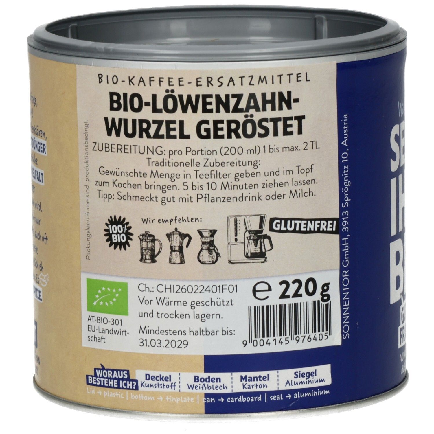 Dose SONNENTOR® Löwenzahnwurzel geröstet. Text: BIO-Kaffee-Ersatzmittel, BIO-Löwenzahn-Wurzel geröstet. Glutenfrei, 220g.