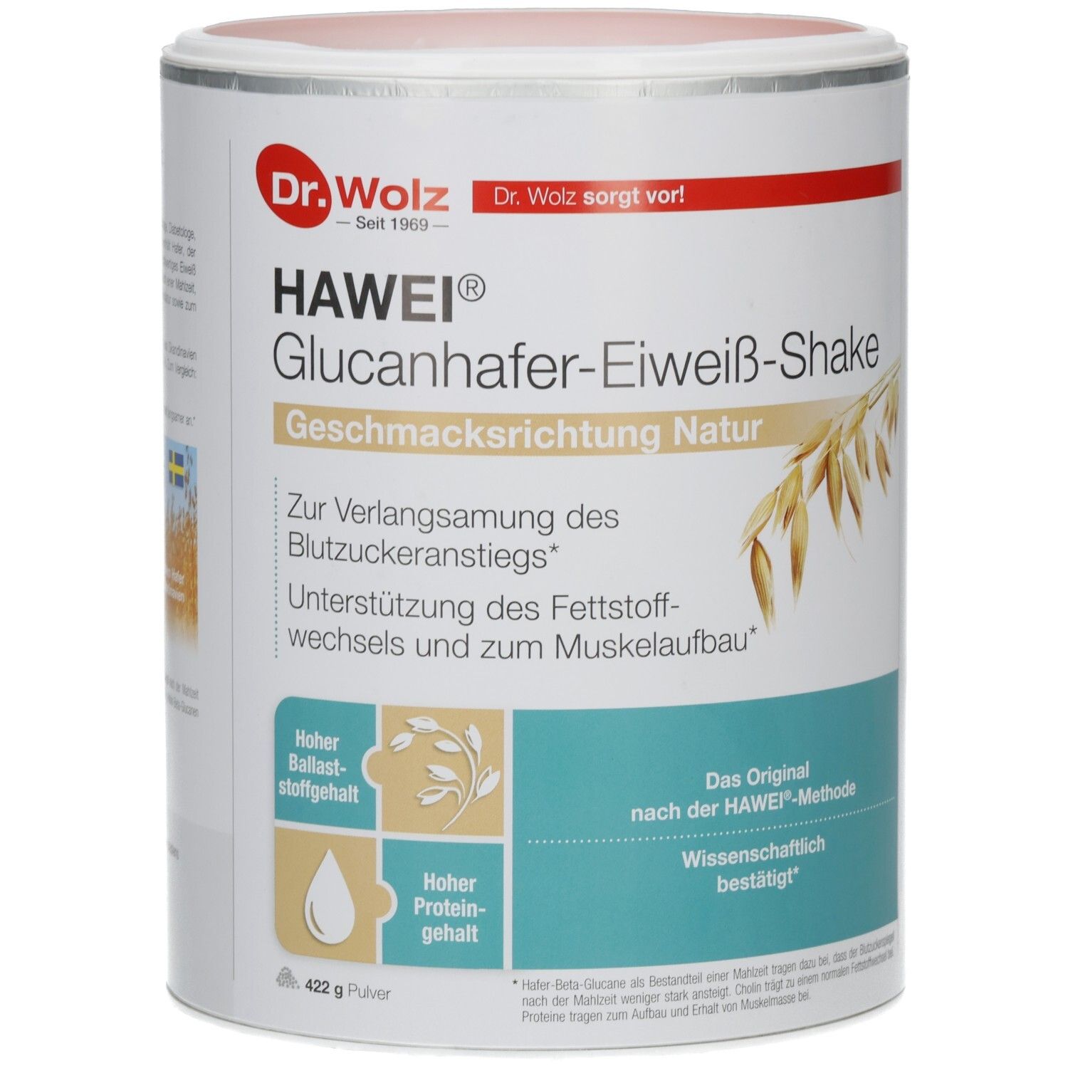 Dose HAWEI Glucanhafer-Eiweiß-Shake Natur. Weiß, mit rotem Deckel. Text: Dr. Wolz, HAWEI, Geschmack Natur. Illustration von Hafer.