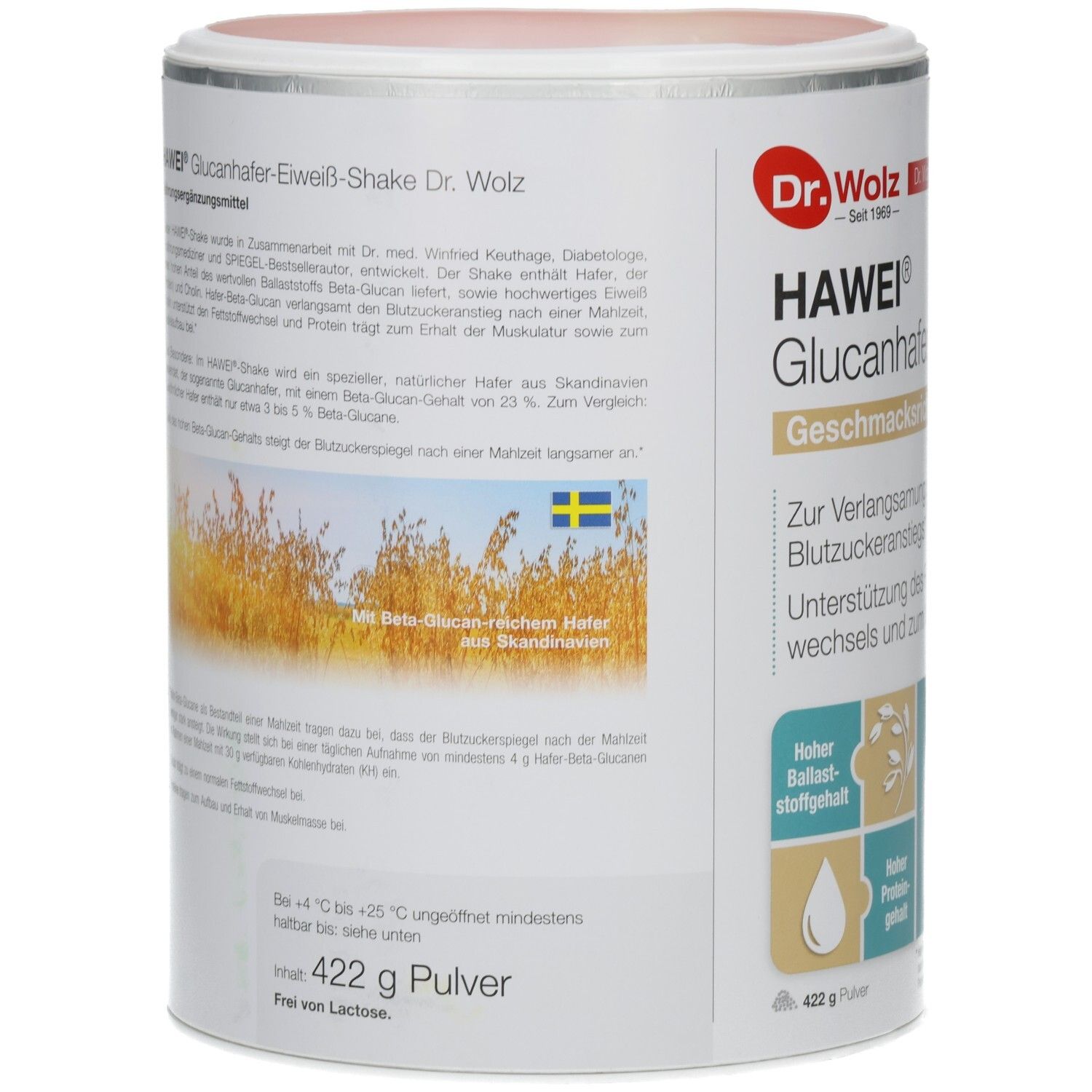 Rückseite der Dose HAWEI Glucanhafer-Eiweiß-Shake Natur. Text und Illustration von Hafer. Mit Beta-Glucan-reichem Hafer aus Skandinavien.