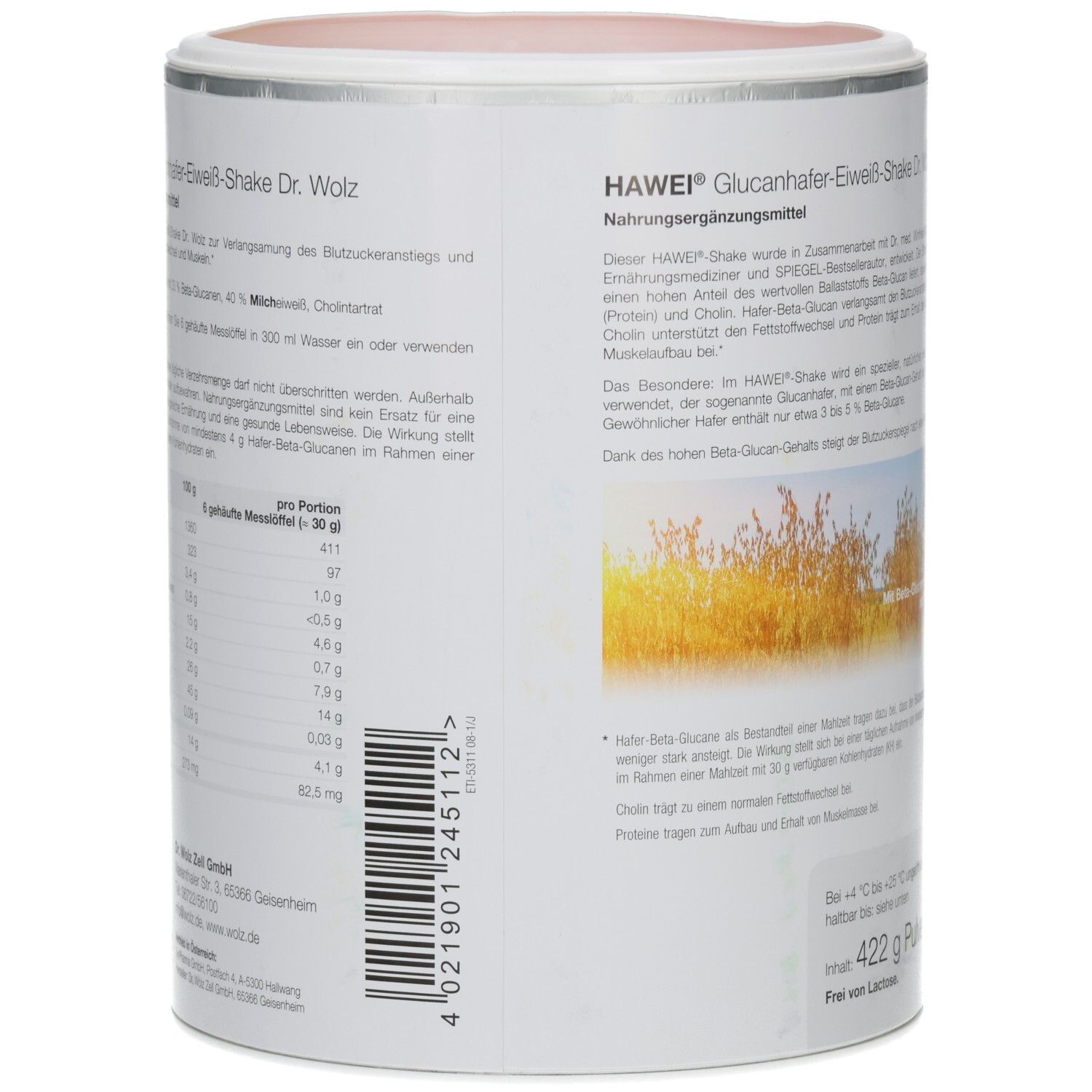 Rückseite der Dose HAWEI Glucanhafer-Eiweiß-Shake Natur. Text: Nährwertangaben, 422 g Pulver, frei von Lactose. Barcode.