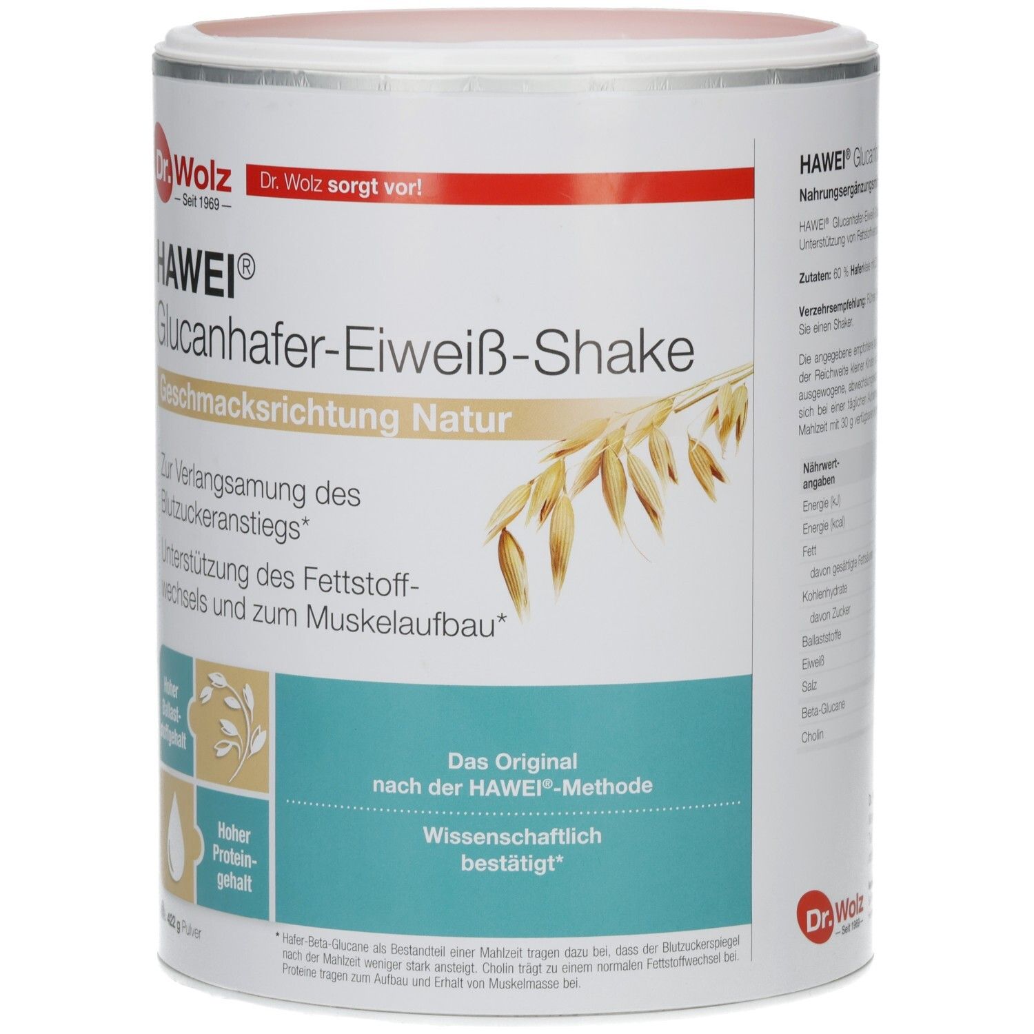 Dose HAWEI Glucanhafer-Eiweiß-Shake Natur. Weiß, mit rotem Deckel. Text: Dr. Wolz, HAWEI, Geschmack Natur. Illustration von Hafer.