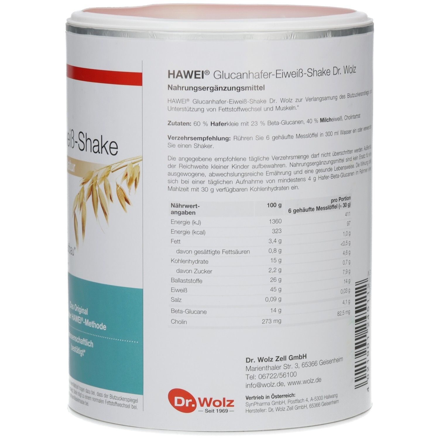 Rückseite der Dose HAWEI Glucanhafer-Eiweiß-Shake Natur. Text: Nährwertangaben, Zutaten, 422 g Pulver, frei von Lactose. Barcode.