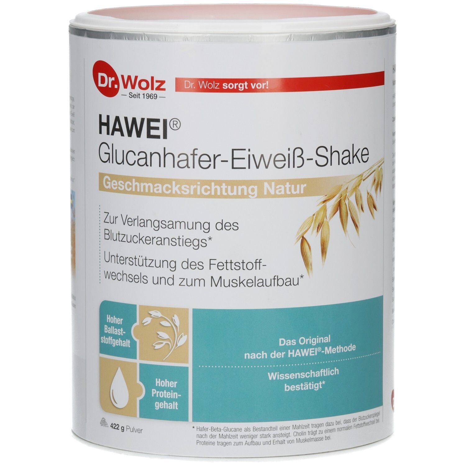 Dose HAWEI Glucanhafer-Eiweiß-Shake Natur. Weiß, mit rotem Deckel. Text: Dr. Wolz, HAWEI, Geschmack Natur. Illustration von Hafer.