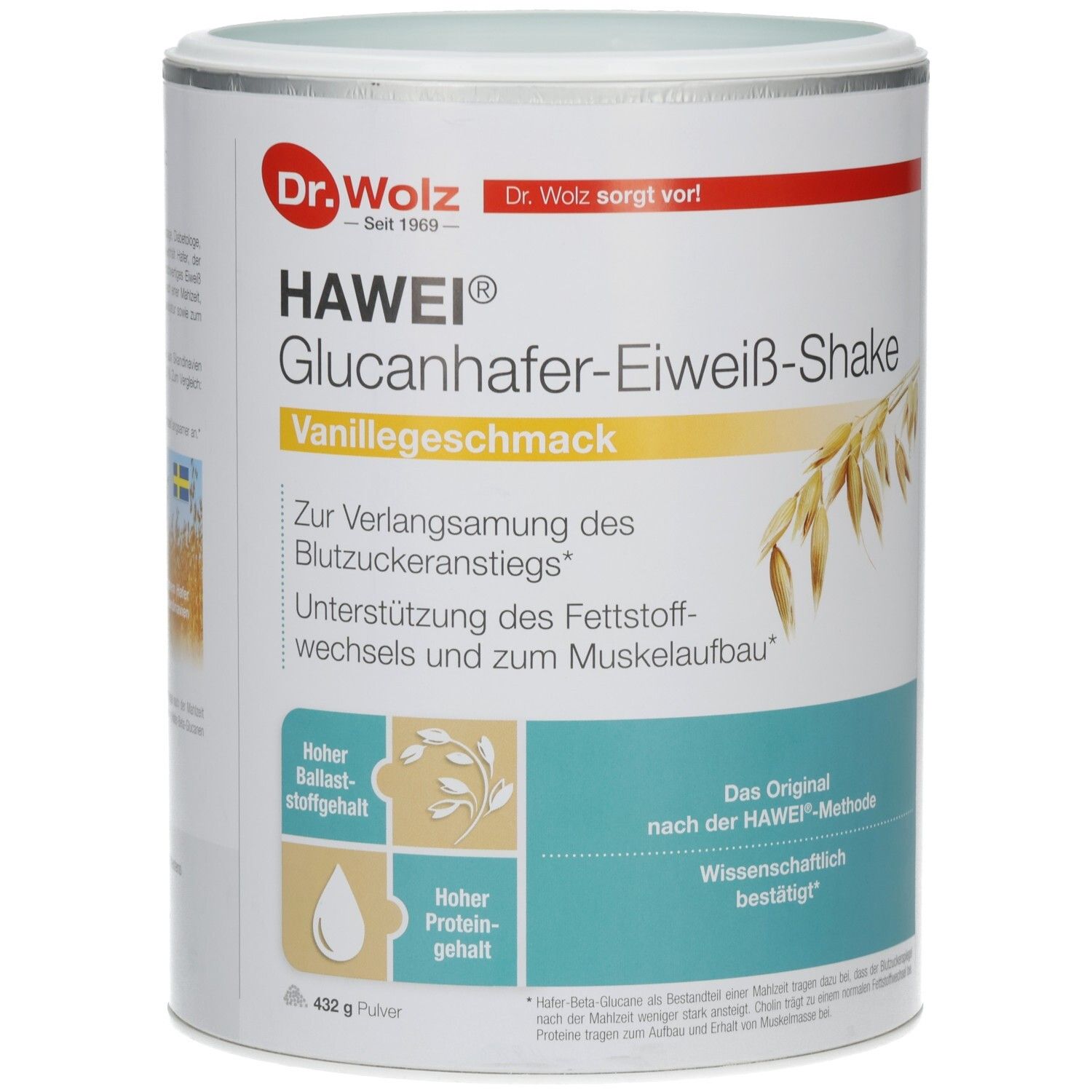 Runde Dose mit Produktaufdruck. Aufschrift: HAWEI Glucanhafer-Eiweiß-Shake, Vanillegeschmack. Logos und Text in Deutsch.