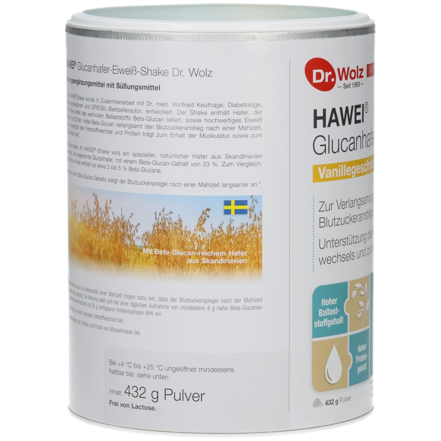 Dose mit Produktaufdruck. Aufschrift: HAWEI Glucanhafer-Eiweiß-Shake. Text in Deutsch. Abbildung von Getreideähren und schwedischer Flagge.
