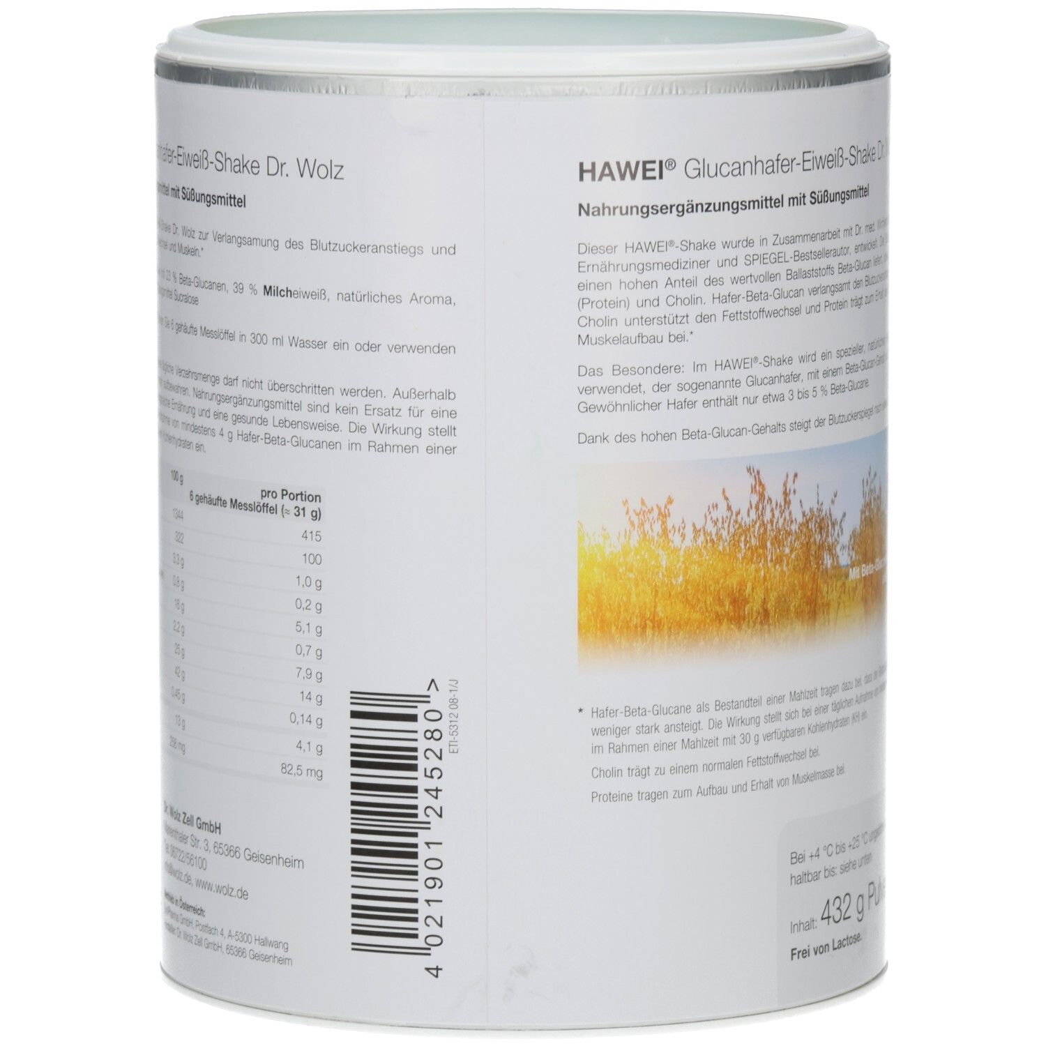Dose mit Produktaufdruck. Aufschrift: HAWEI Glucanhafer-Eiweiß-Shake. Text in Deutsch. Nährwertangaben und Barcode.