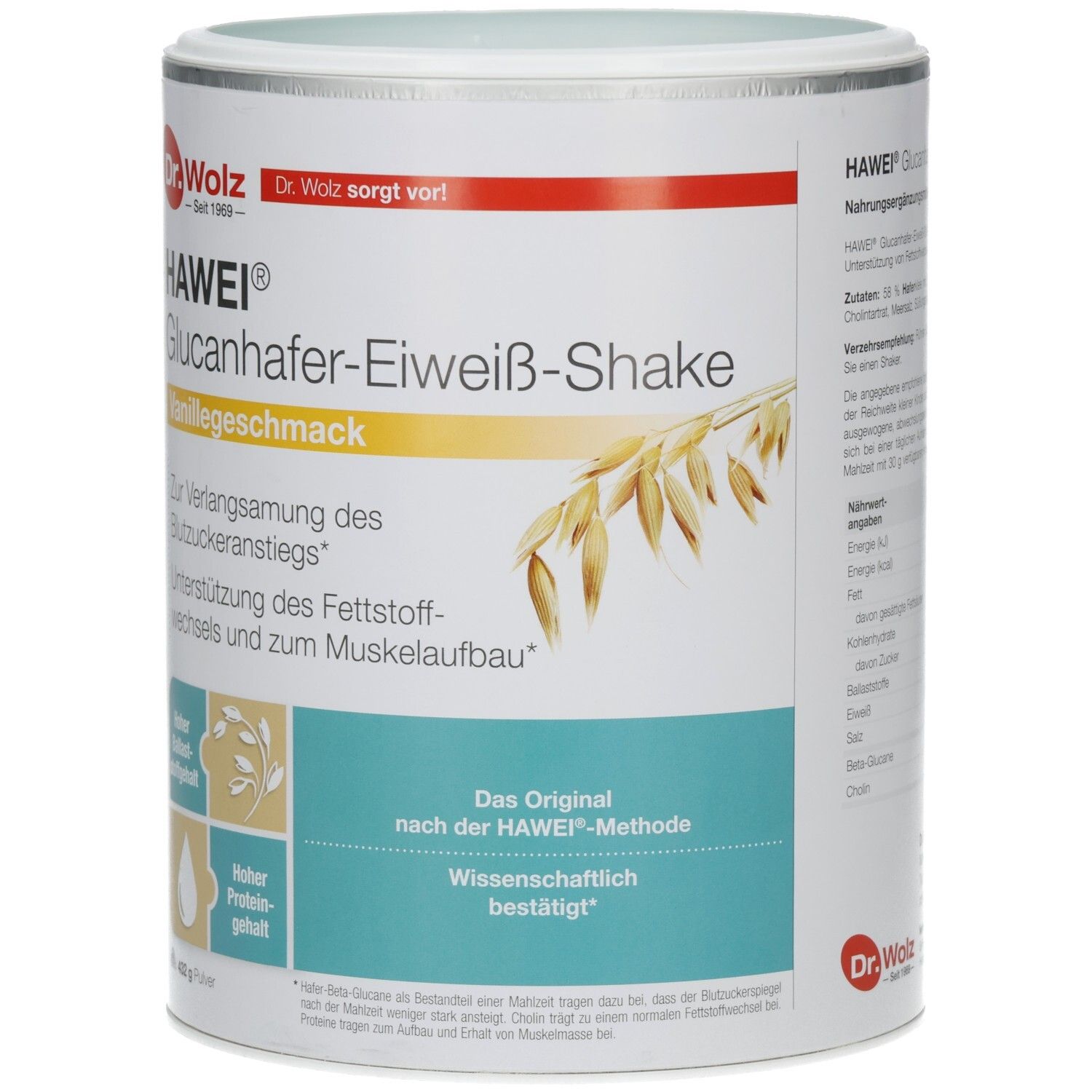 Runde Dose mit Produktaufdruck. Aufschrift: HAWEI Glucanhafer-Eiweiß-Shake, Vanillegeschmack. Logos und Text in Deutsch.