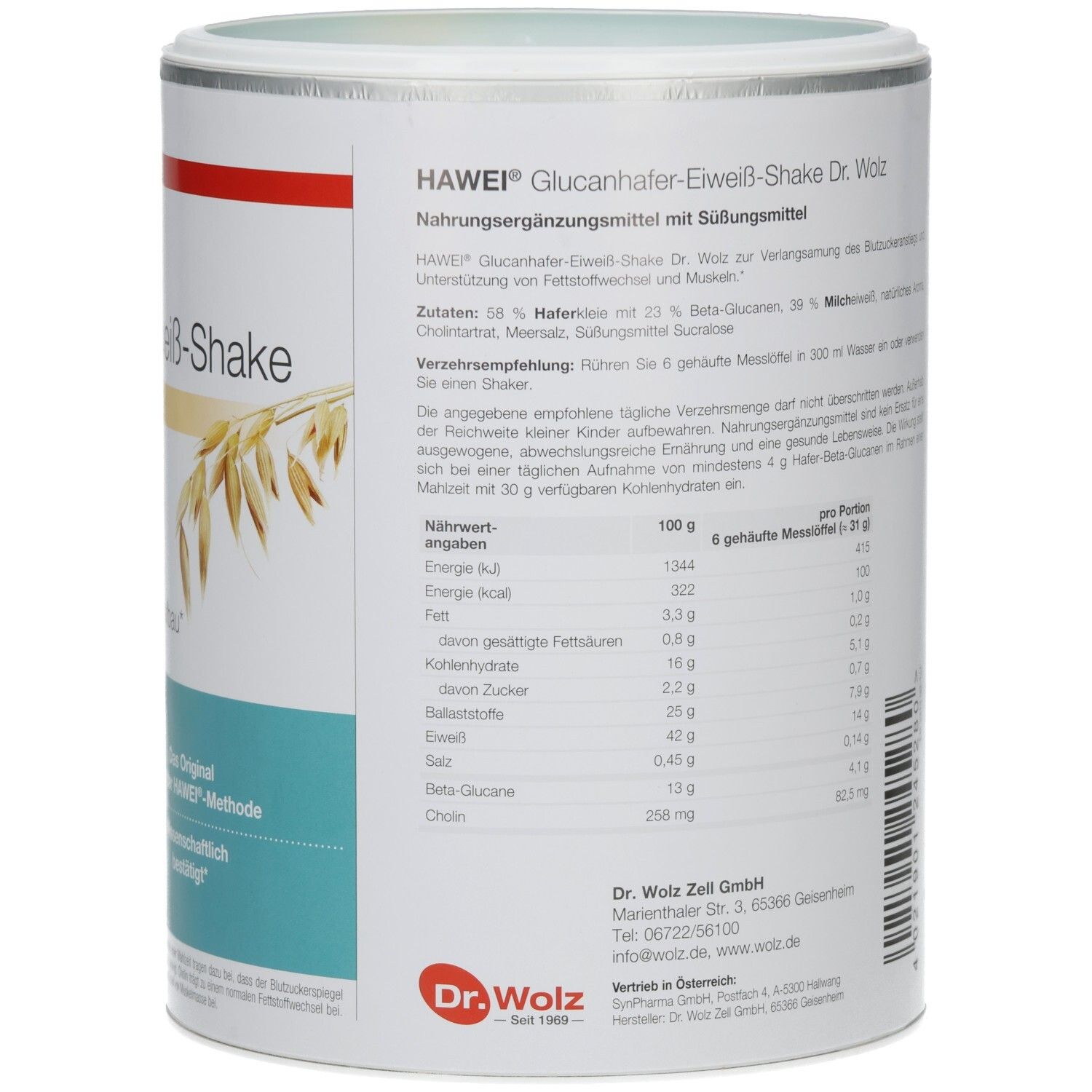 Dose mit Produktaufdruck. Aufschrift: HAWEI Glucanhafer-Eiweiß-Shake. Text in Deutsch. Nährwertangaben.
