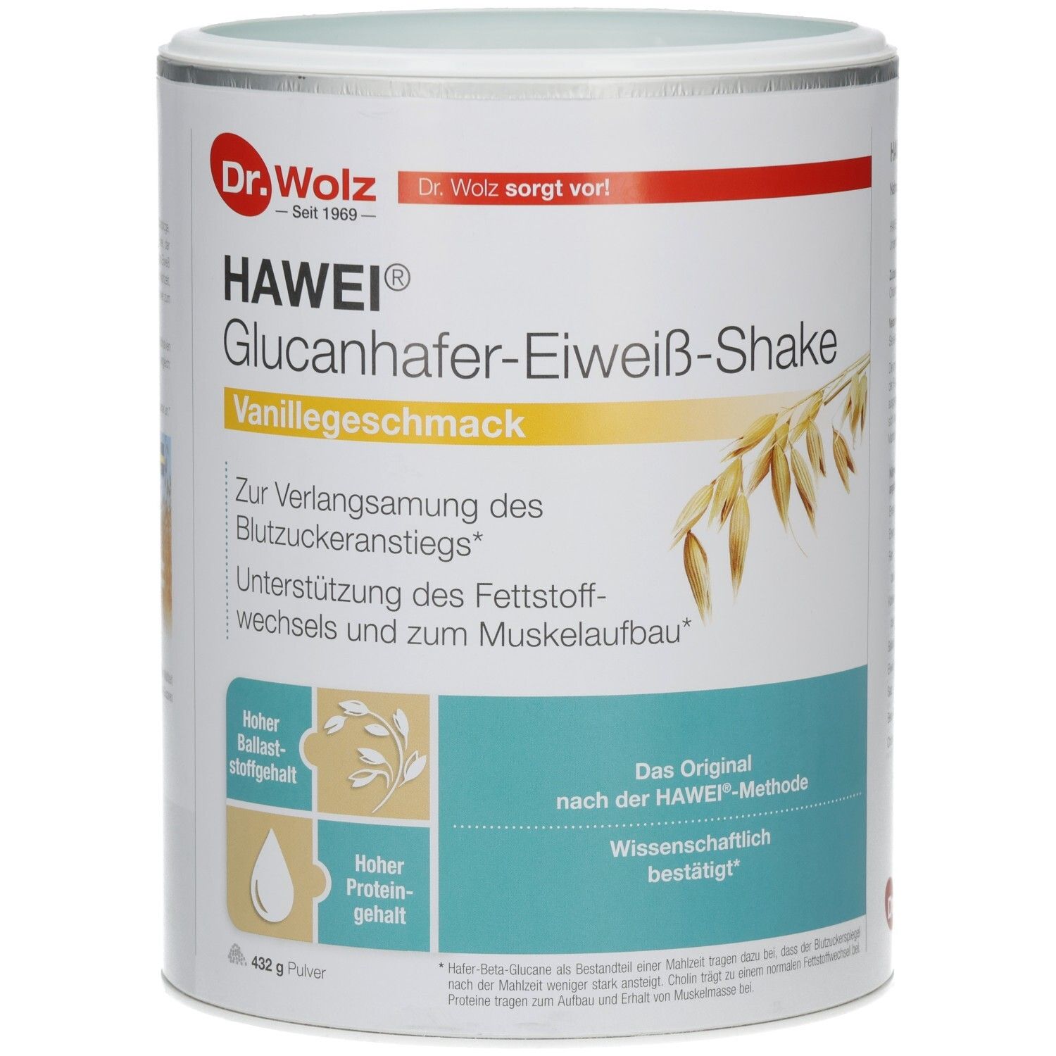 Runde Dose mit Produktaufdruck. Aufschrift: HAWEI Glucanhafer-Eiweiß-Shake, Vanillegeschmack. Logos und Text in Deutsch.