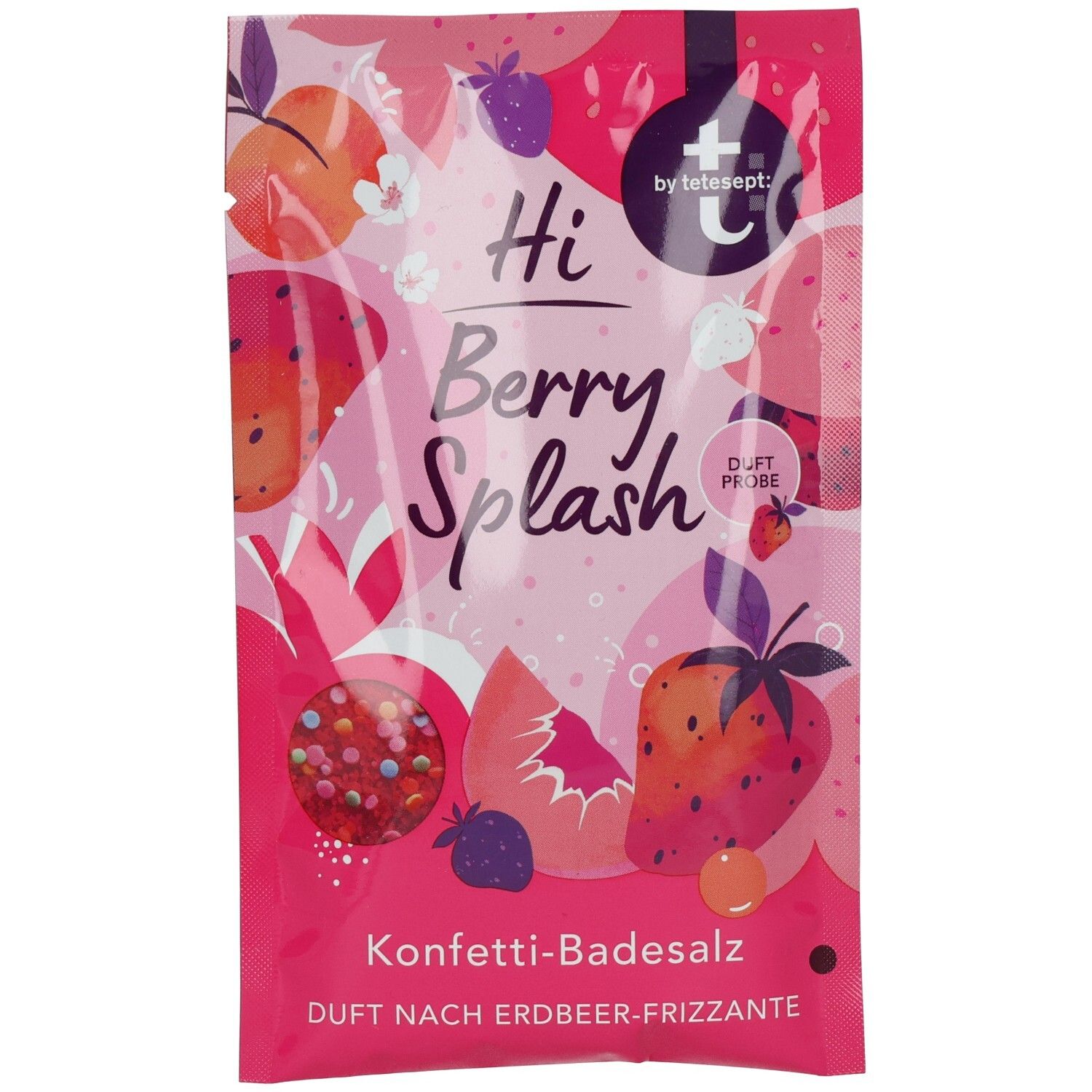 Rosa Beutel mit Produktabbildungen und Schriftzug "Hi Berry Splash". Enthält Konfetti-Badesalz. Marke: tetesept.
