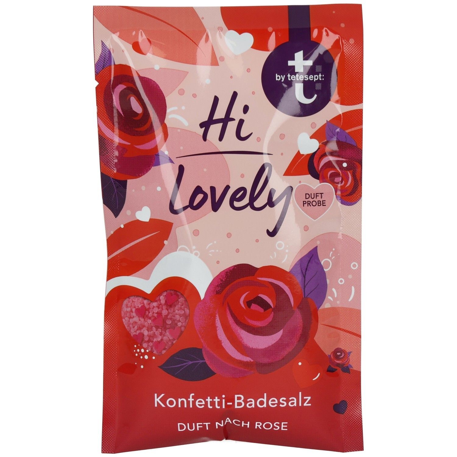 Verpackung mit Konfetti-Badesalz. Aufschrift "Hi Lovely" und "Duft nach Rose". Rosen- und Herz-Illustrationen. Marke: t by tetesept.