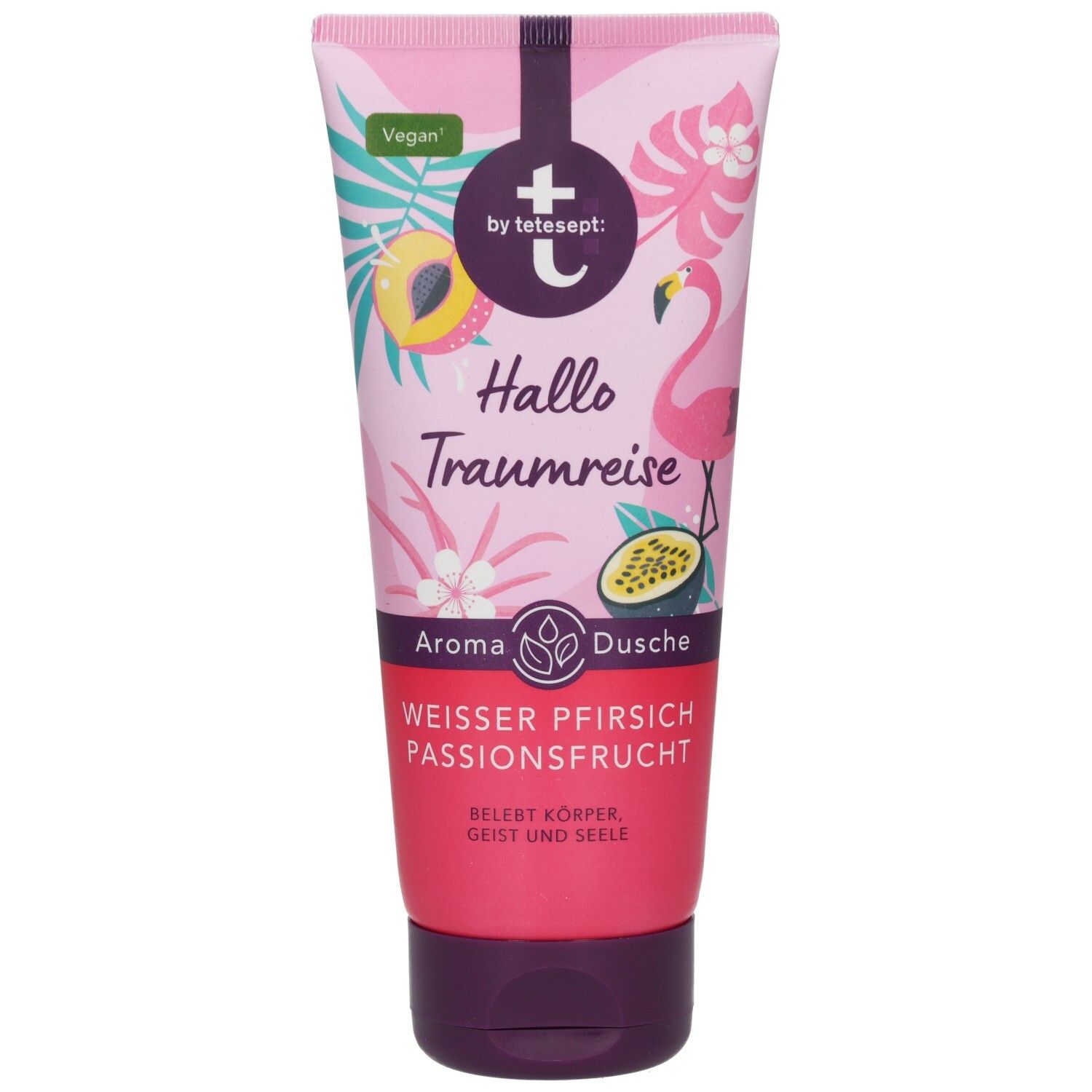 Tube mit rosa und weißem Design. Aufschrift: Hallo Traumreise, Aroma Dusche, Weisser Pfirsich Passionsfrucht. Vegan-Siegel.