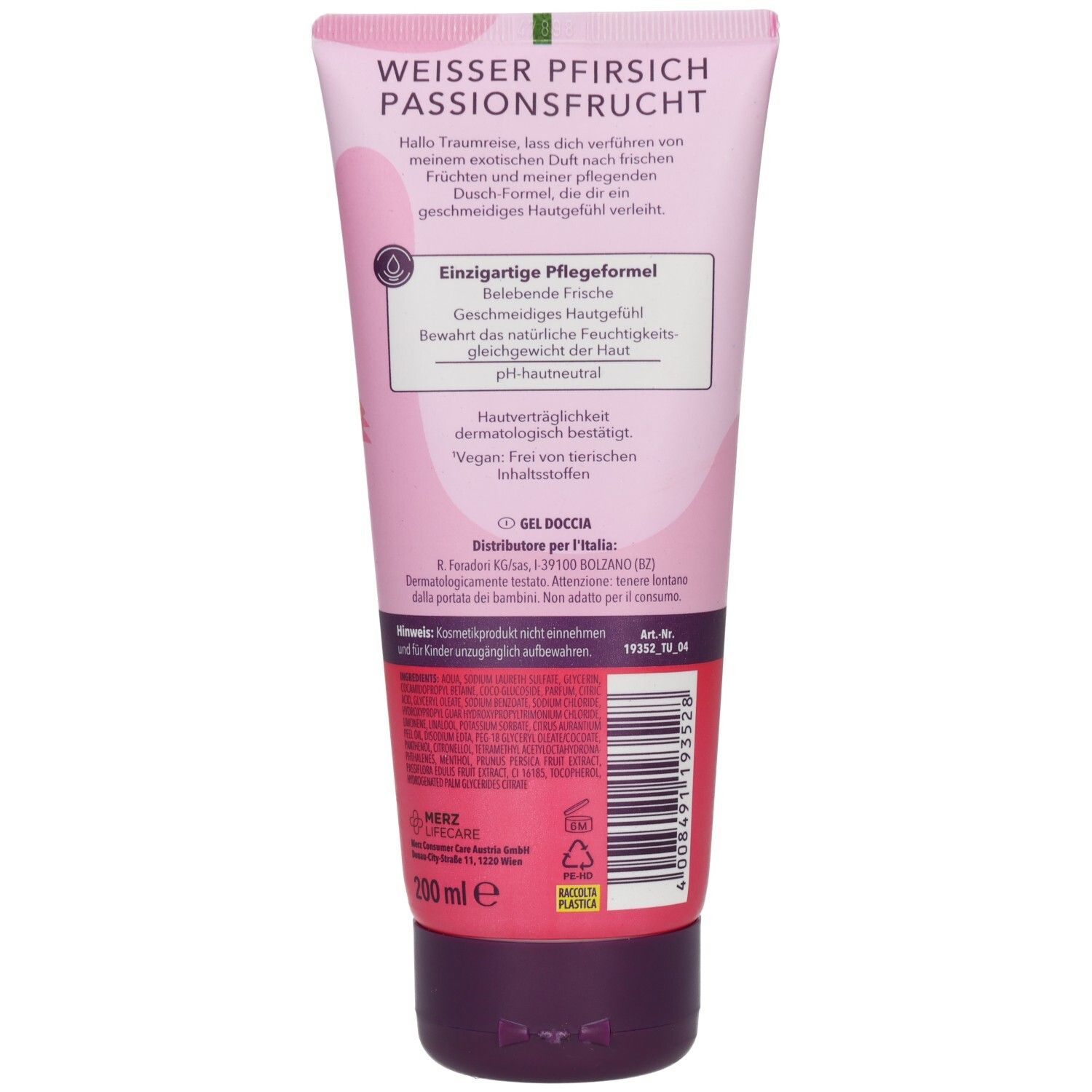 Rückseite der Tube. Aufschrift: Weisser Pfirsich Passionsfrucht, pH-hautneutral, vegan. 200 ml. Barcode.