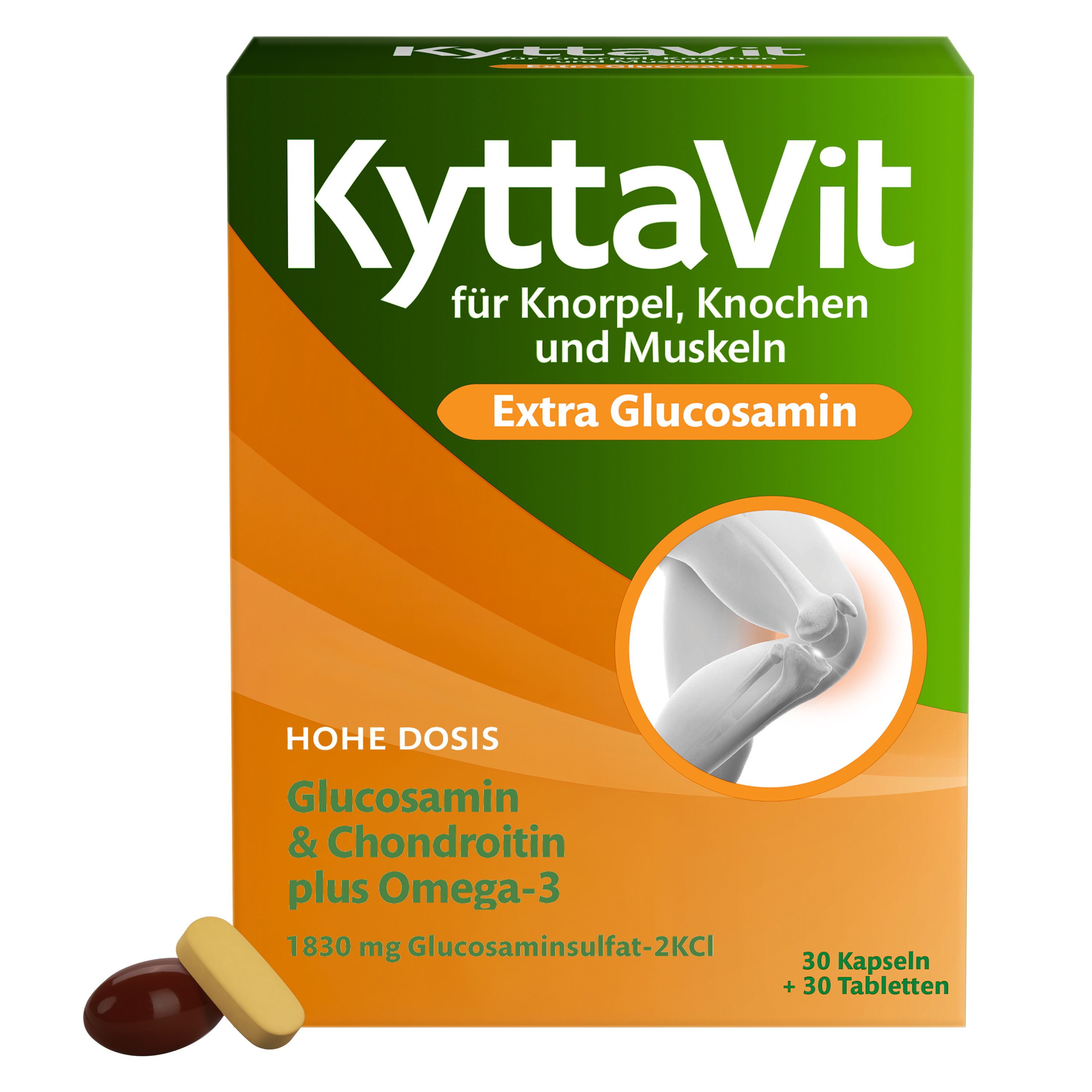 Verpackung von KyttaVit Extra Glucosamin mit Kapseln und Tabletten, für Knorpel, Knochen und Muskeln.