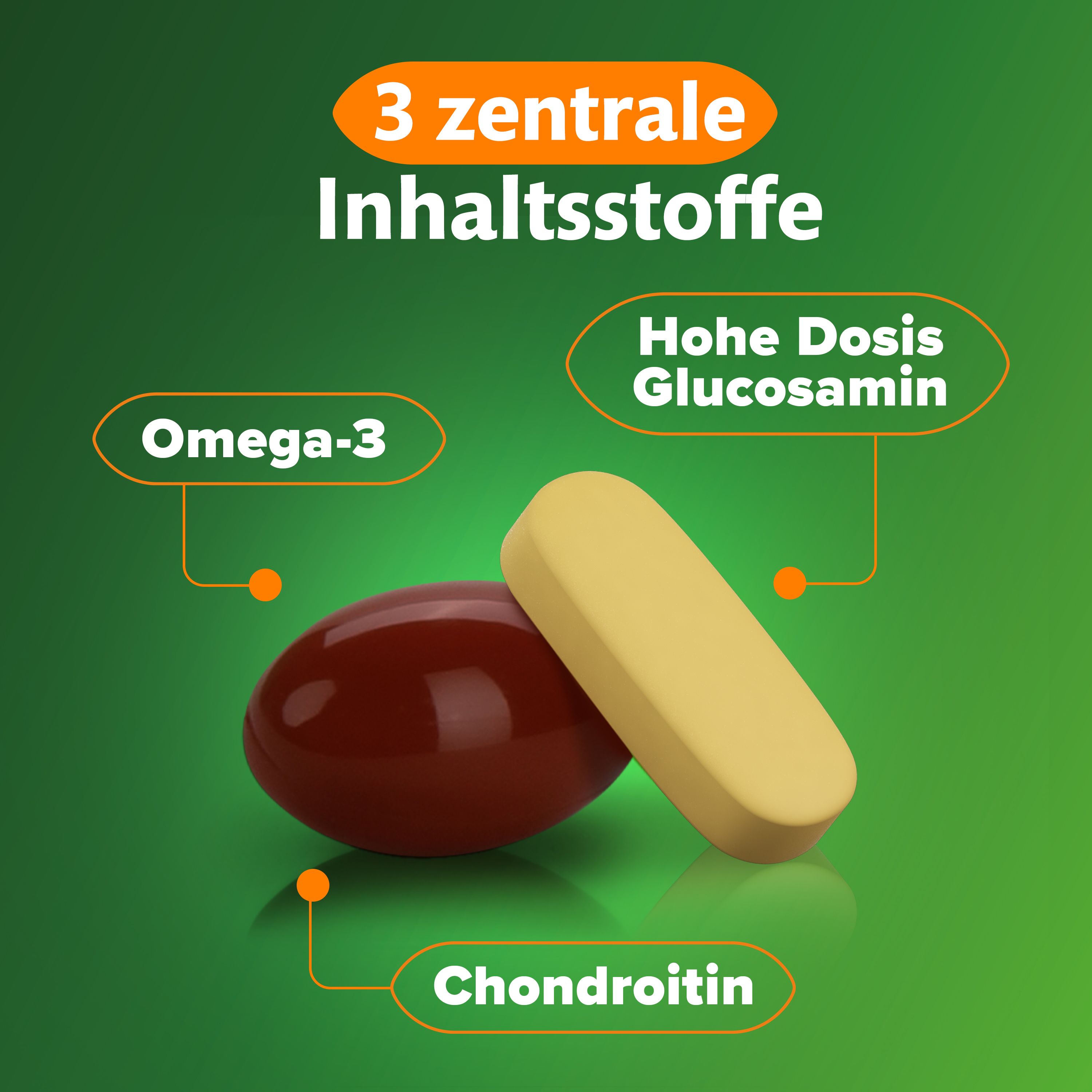 Braune Kapsel und gelbe Tablette mit Hervorhebung von Omega-3, Glucosamin und Chondroitin.